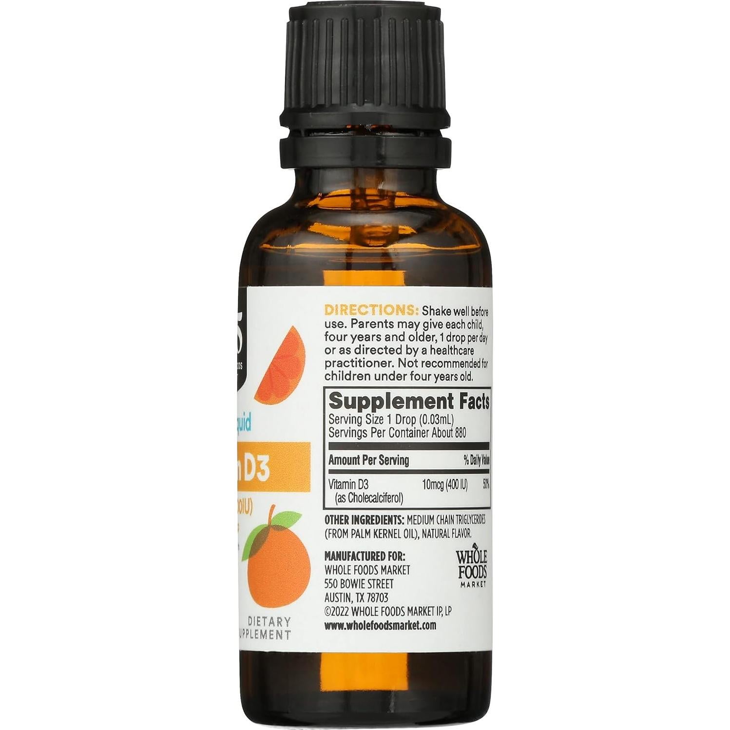 Vitamina D3 Líquida 400 IU 365 Whole Foods 29.57 ml Mandarina
