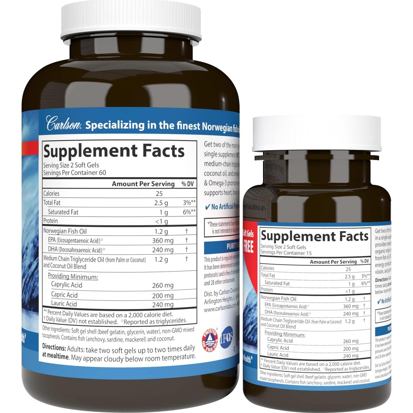 Carlson MCT y Omega-3 Aceite de Coco 150 Cápsulas Blandas