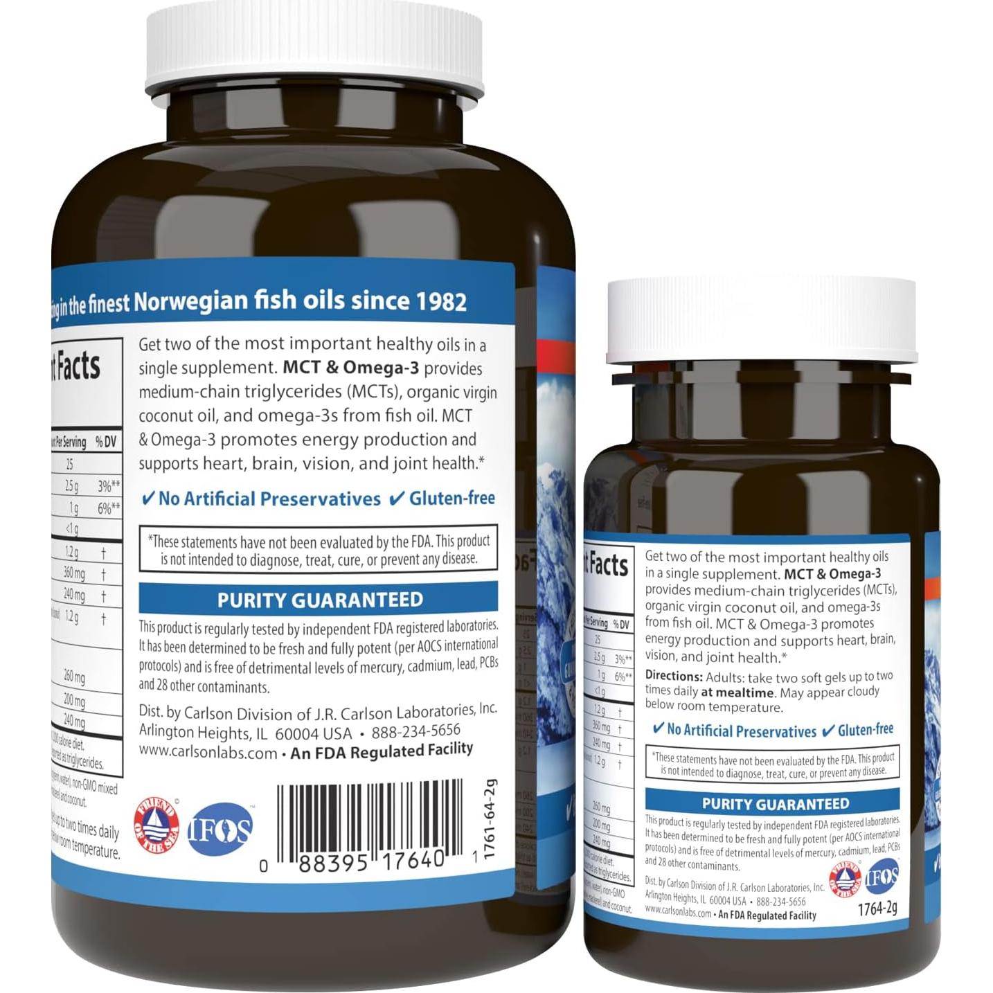 Carlson MCT y Omega-3 Aceite de Coco 150 Cápsulas Blandas