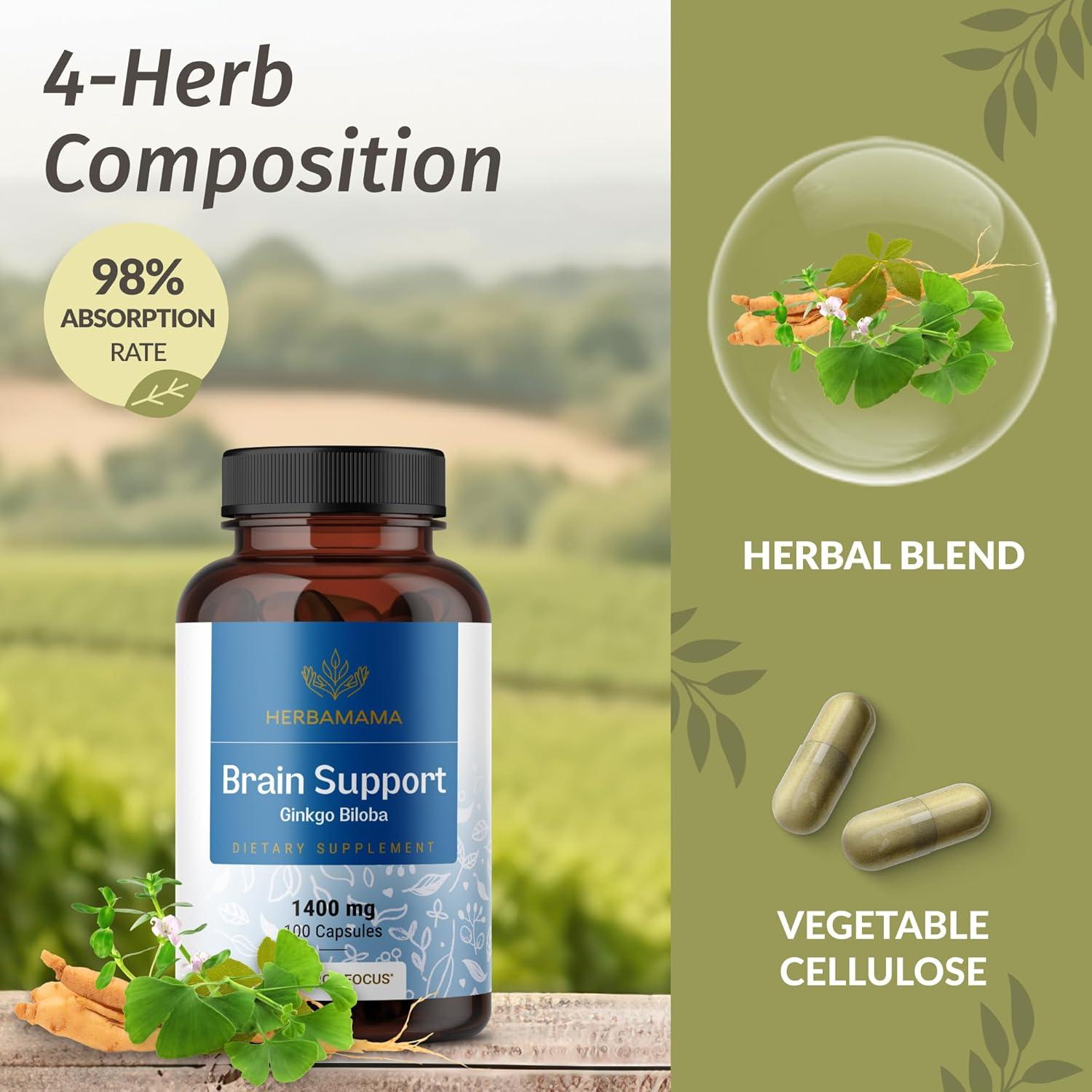 Cápsulas de Soporte Cerebral Herbamama 1400mg - 100 Caps Veganas