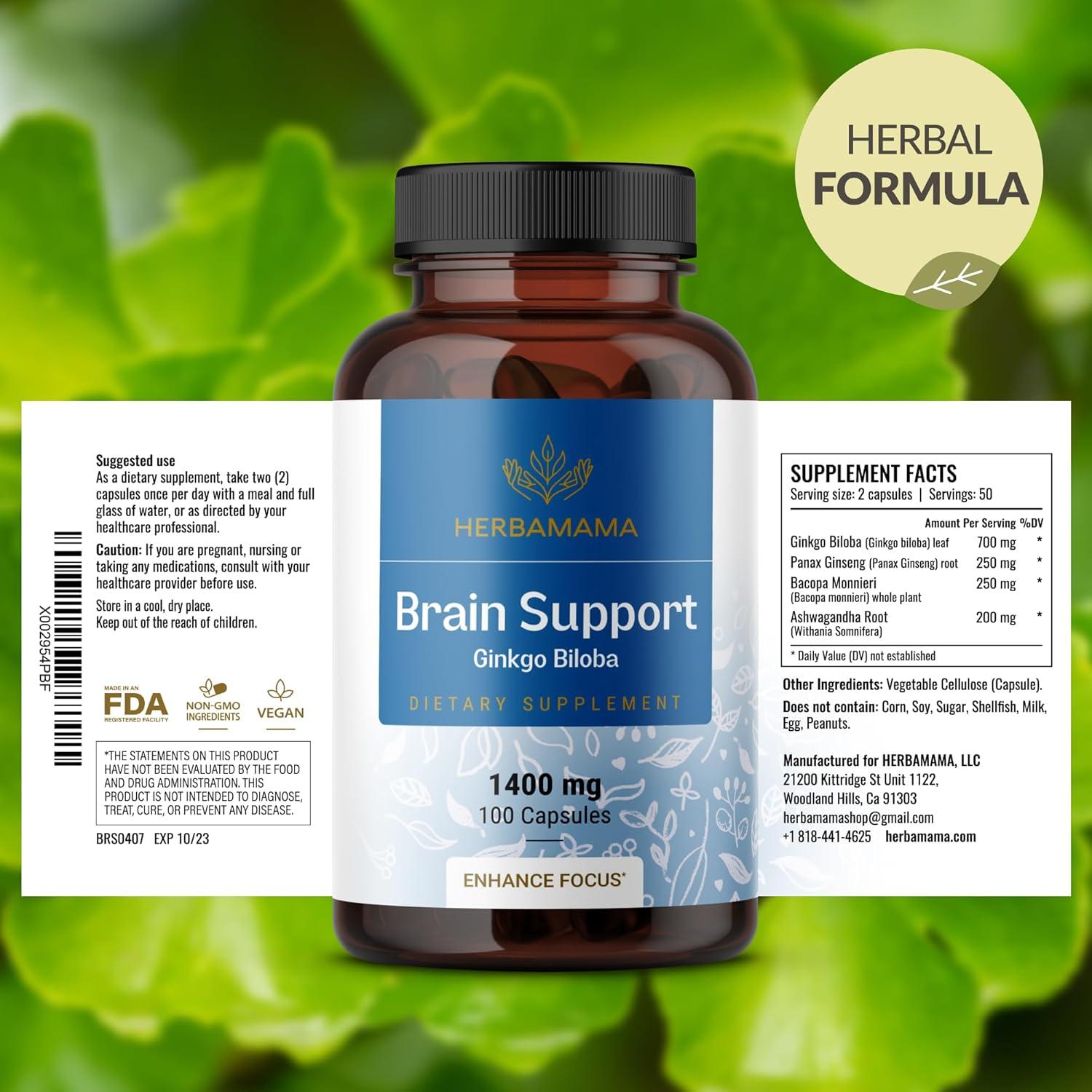 Cápsulas de Soporte Cerebral Herbamama 1400mg - 100 Caps Veganas