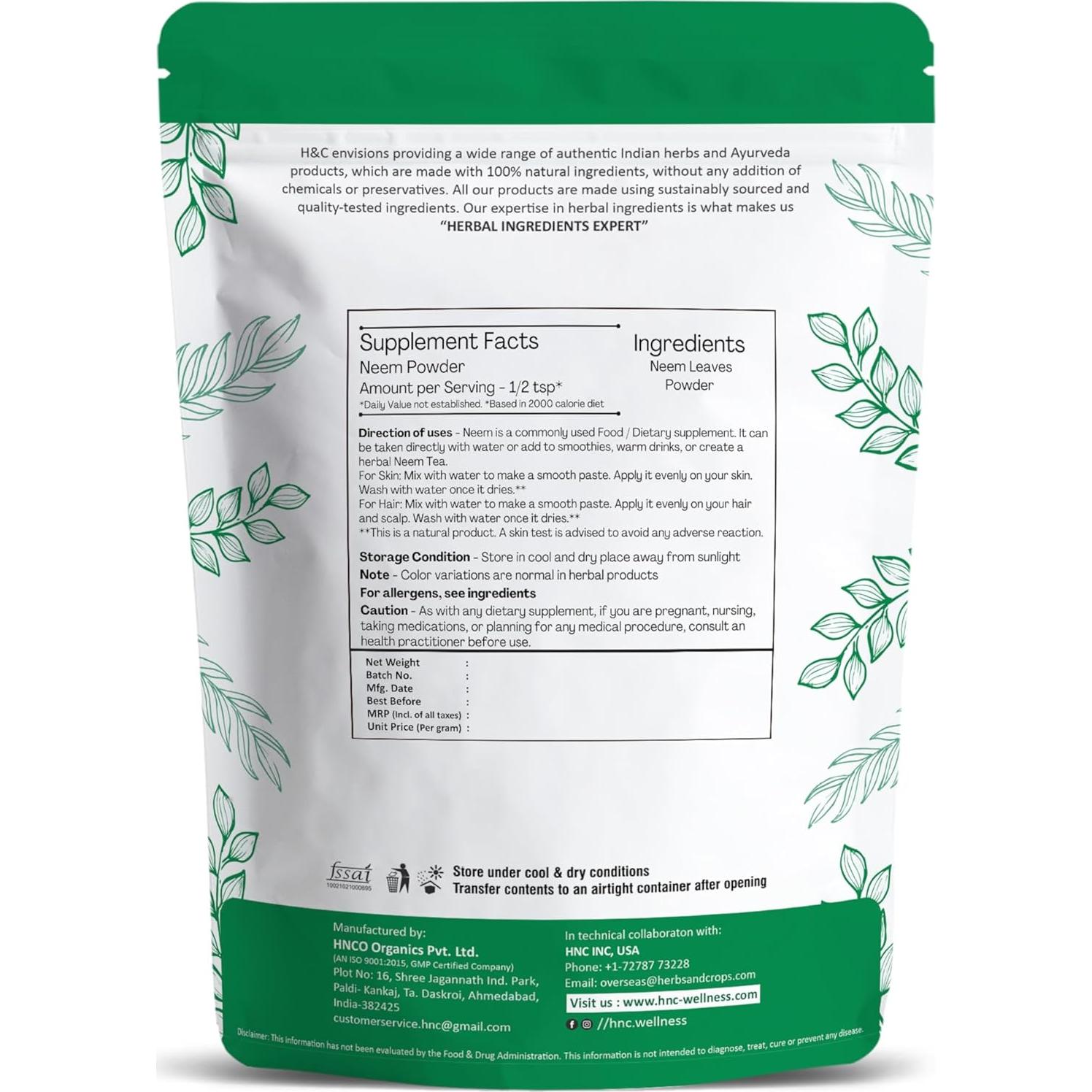 Polvo de Hojas de Neem Natural H&C 227 Gramos - Bienestar