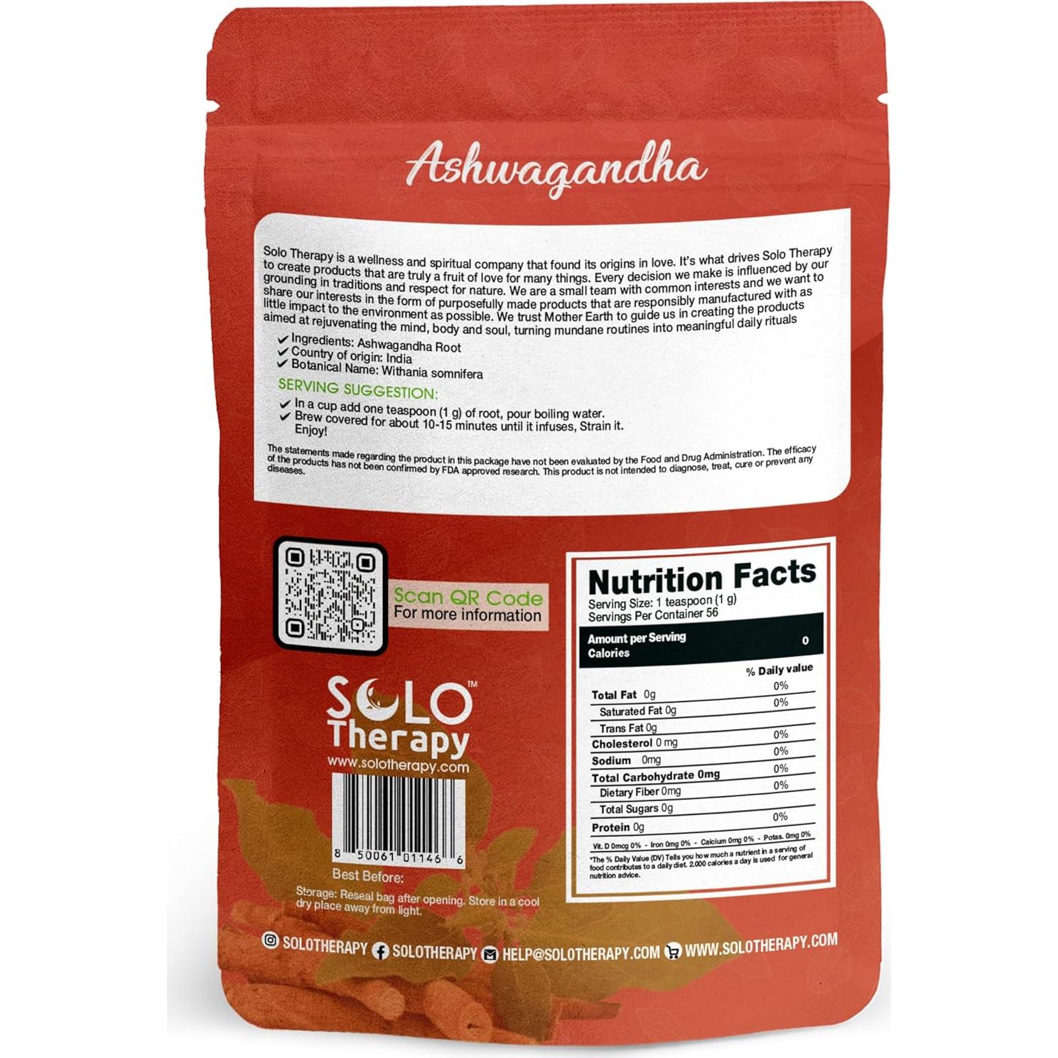 Raíz de Ashwagandha 56g Solo Therapy - Bolsa Reutilizable