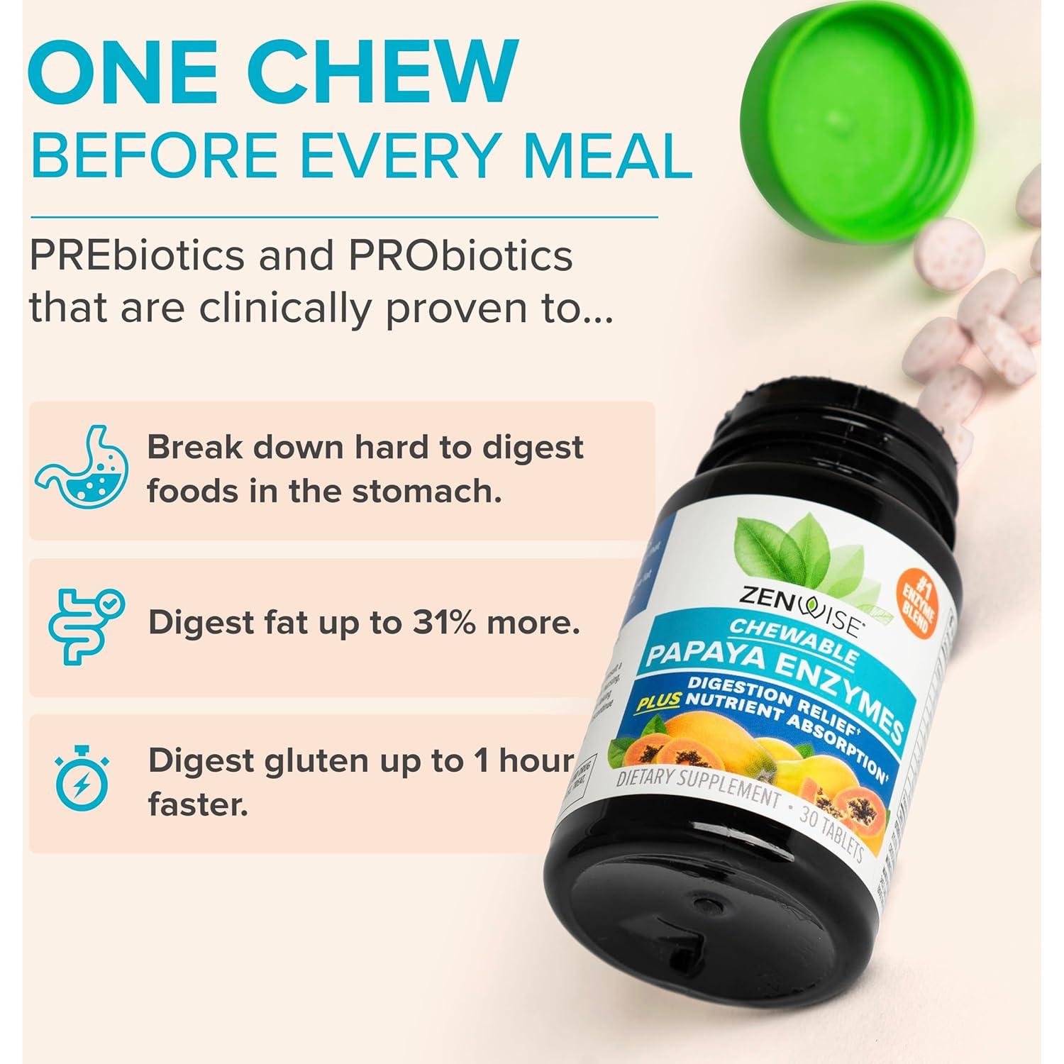 Enzimas Masticables de Papaya Zenwise - 30 Tabletas Digestivas