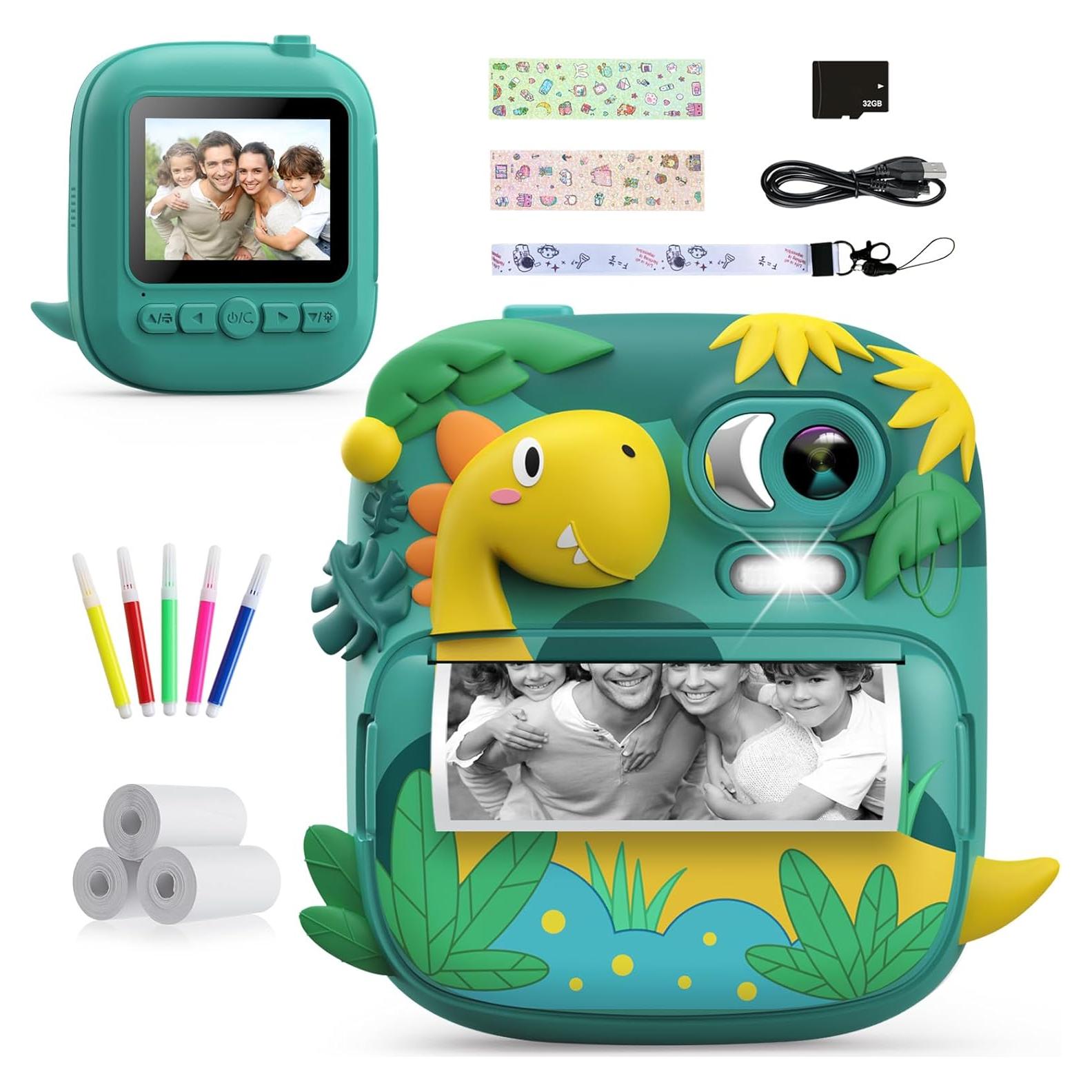 Kids Camera Instant Print, CAMCLID 2.4 Inch Screen Camera for Kids Dinosaur Children Digital Camera with 32GB Card & 3 Rolls Paper, Christmas Birthday Gift Toys for Boys Girls 3-12 Age (Green)