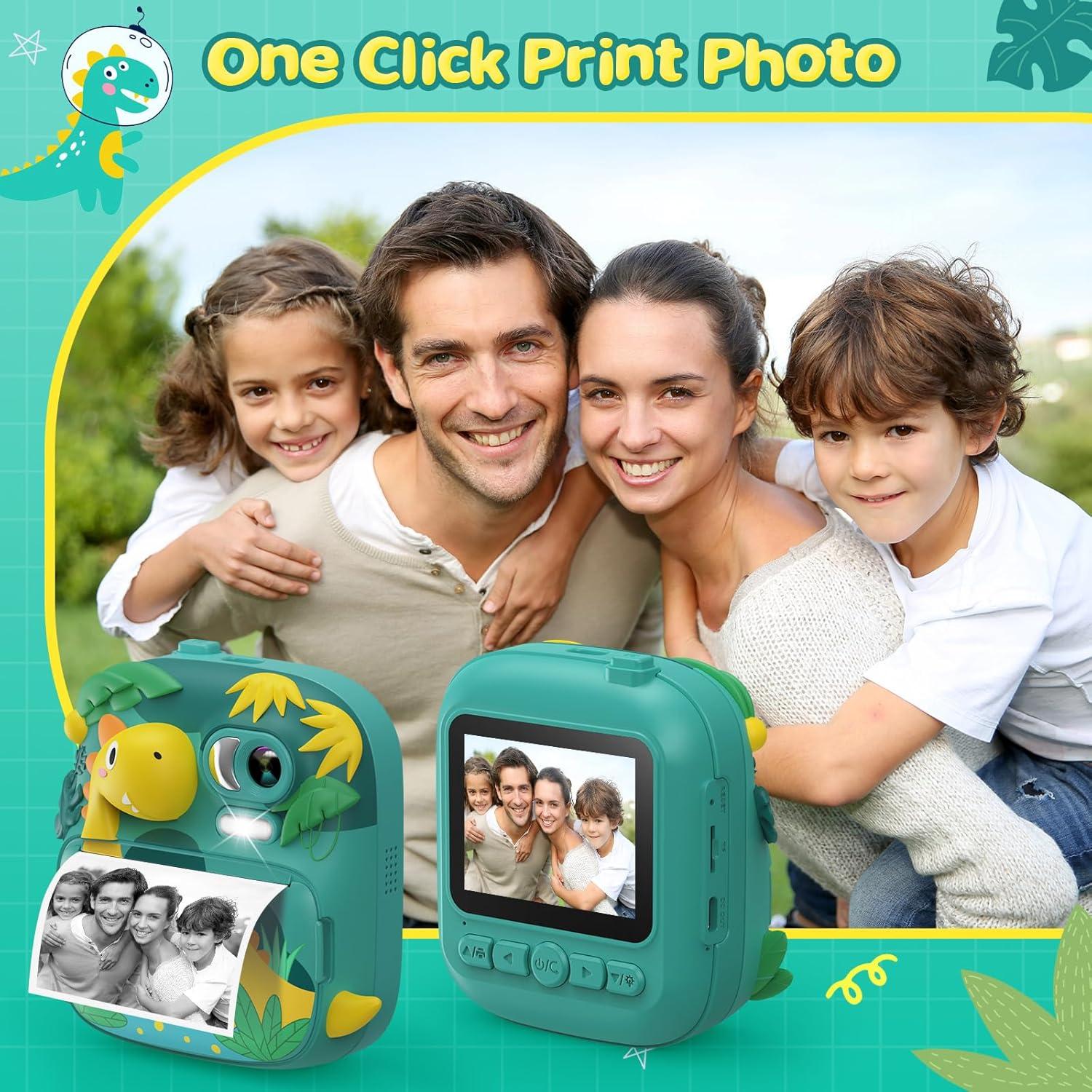 Kids Camera Instant Print, CAMCLID 2.4 Inch Screen Camera for Kids Dinosaur Children Digital Camera with 32GB Card & 3 Rolls Paper, Christmas Birthday Gift Toys for Boys Girls 3-12 Age (Green)