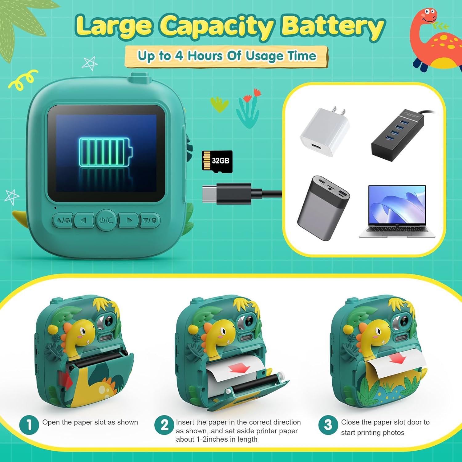 Kids Camera Instant Print, CAMCLID 2.4 Inch Screen Camera for Kids Dinosaur Children Digital Camera with 32GB Card & 3 Rolls Paper, Christmas Birthday Gift Toys for Boys Girls 3-12 Age (Green)