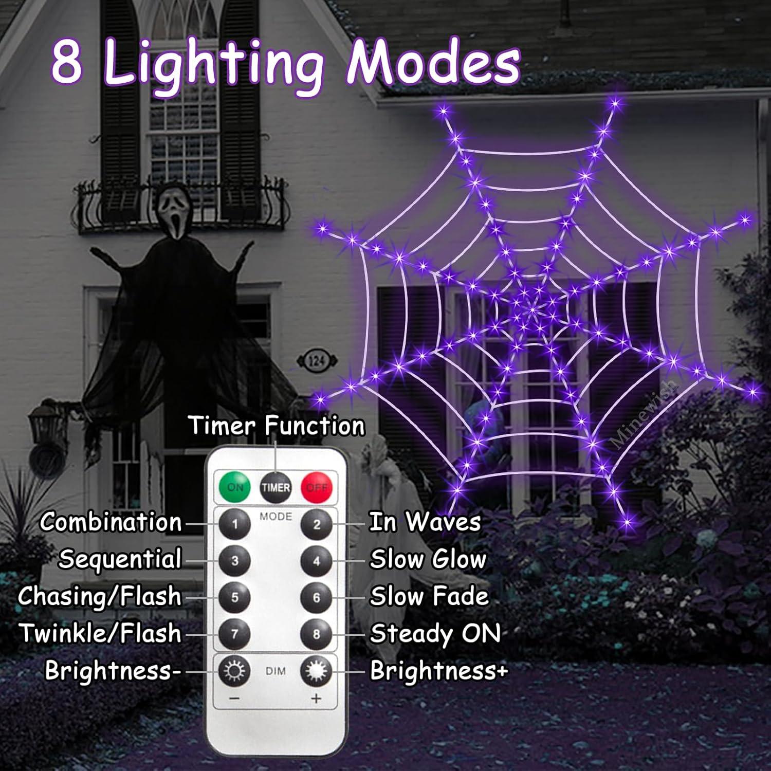 Telaraña Gigante Minewish con 120 Luces LED Moradas 3,66 m