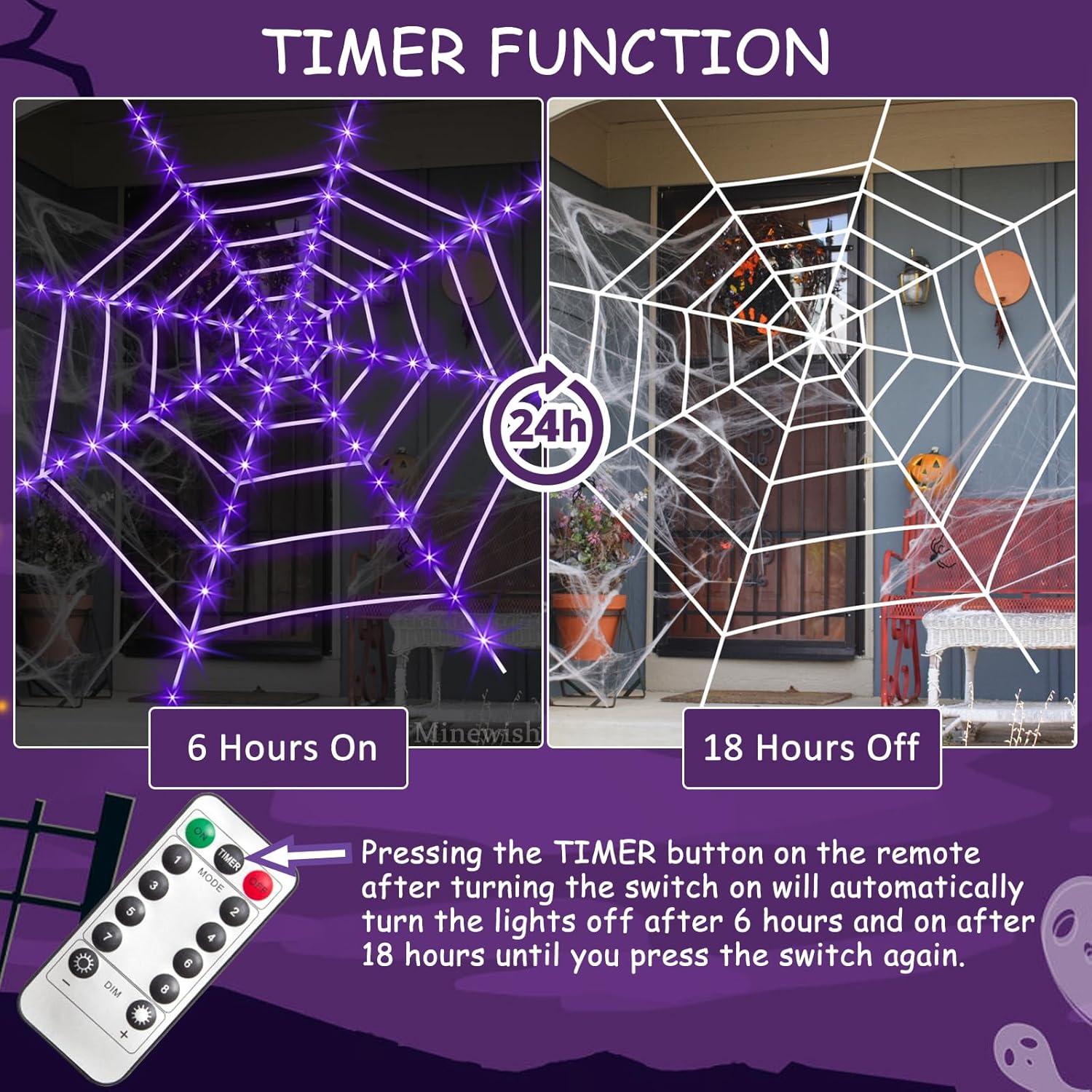 Telaraña Gigante Minewish con 120 Luces LED Moradas 3,66 m