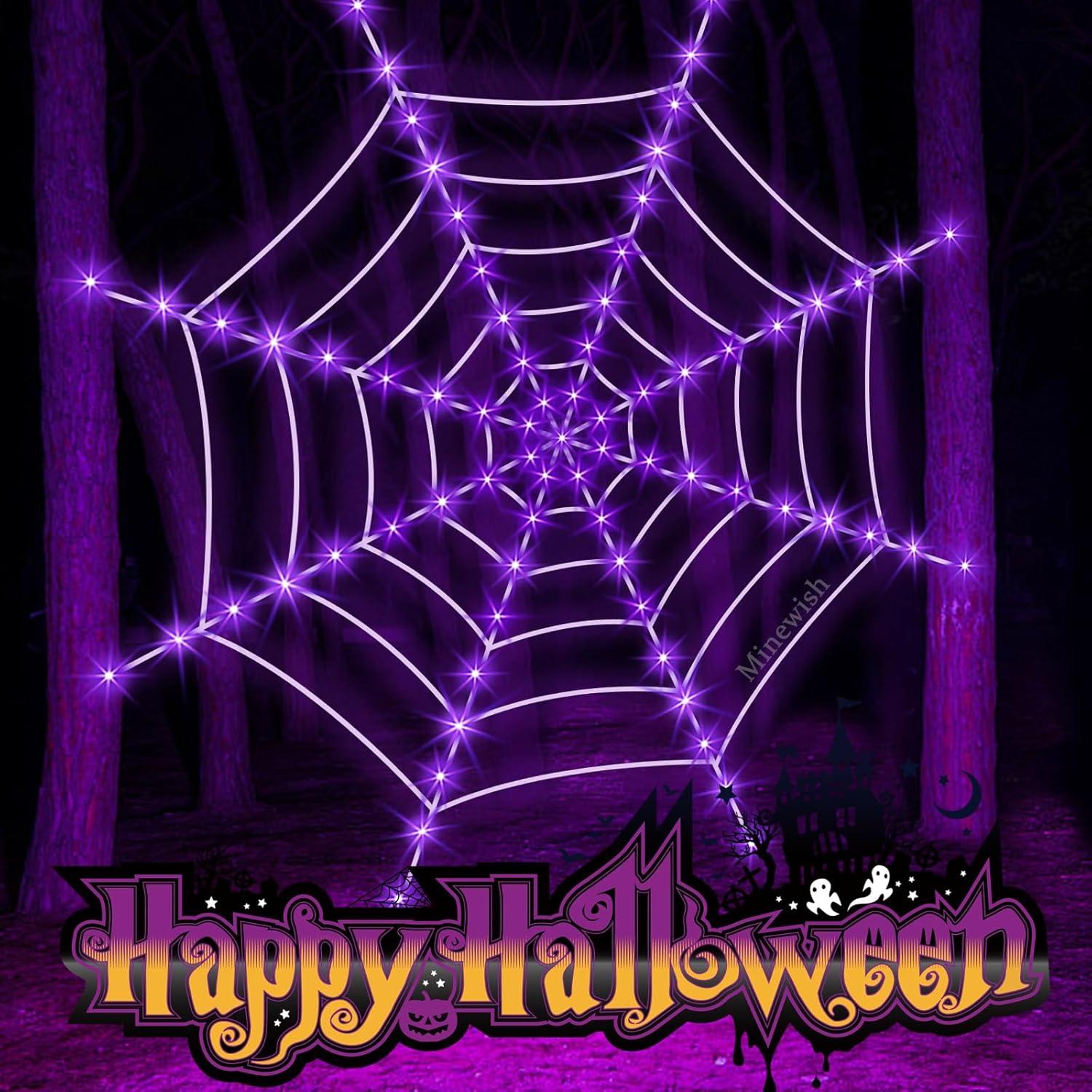 Telaraña Gigante Minewish con 120 Luces LED Moradas 3,66 m