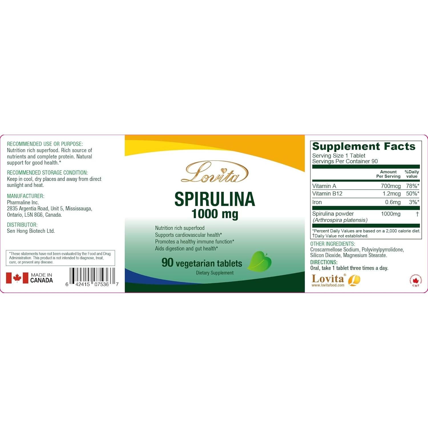 Espirulina Orgánica Lovita 1000mg 90 Tabletas Veganas