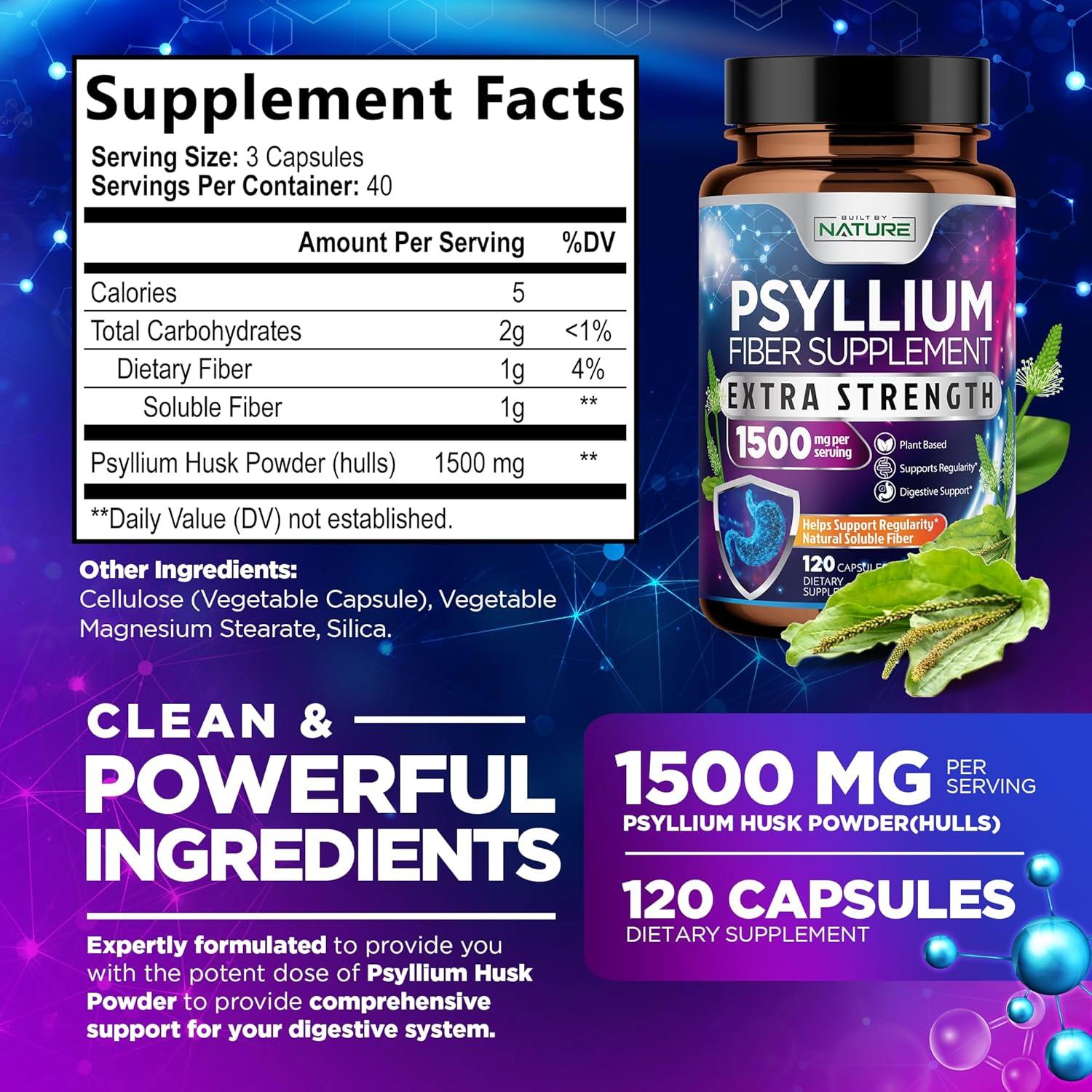 Cápsulas de Psyllium Husk 1500mg - Suplemento de Fibra Natural - 120 Unidades