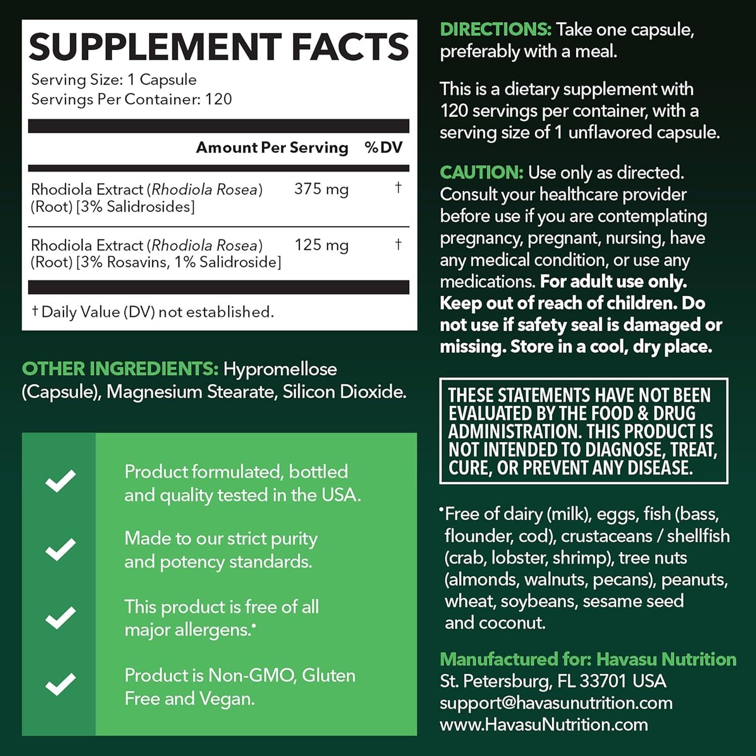 Suplemento de Rhodiola Rosea Havasu - 120 Cápsulas Veganas