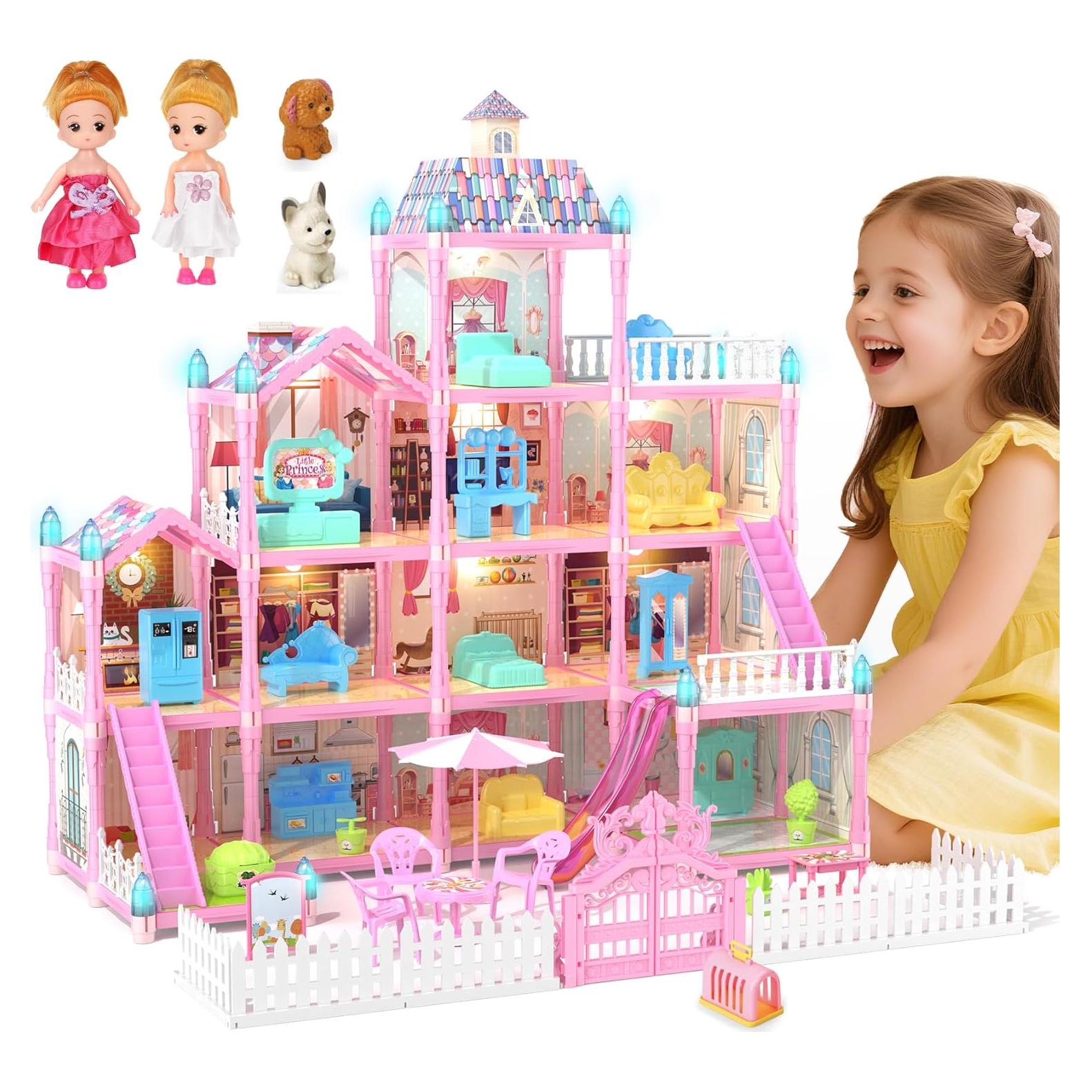 Casa de Muñecas Randhar Rosa 4 Pisos 13 Habitaciones con Luces