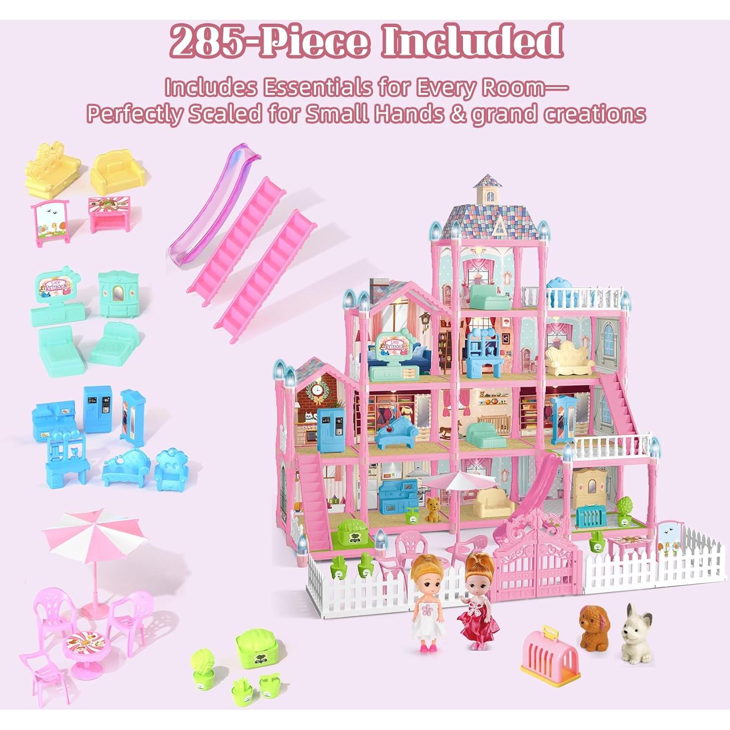 Casa de Muñecas Randhar Rosa 4 Pisos 13 Habitaciones con Luces