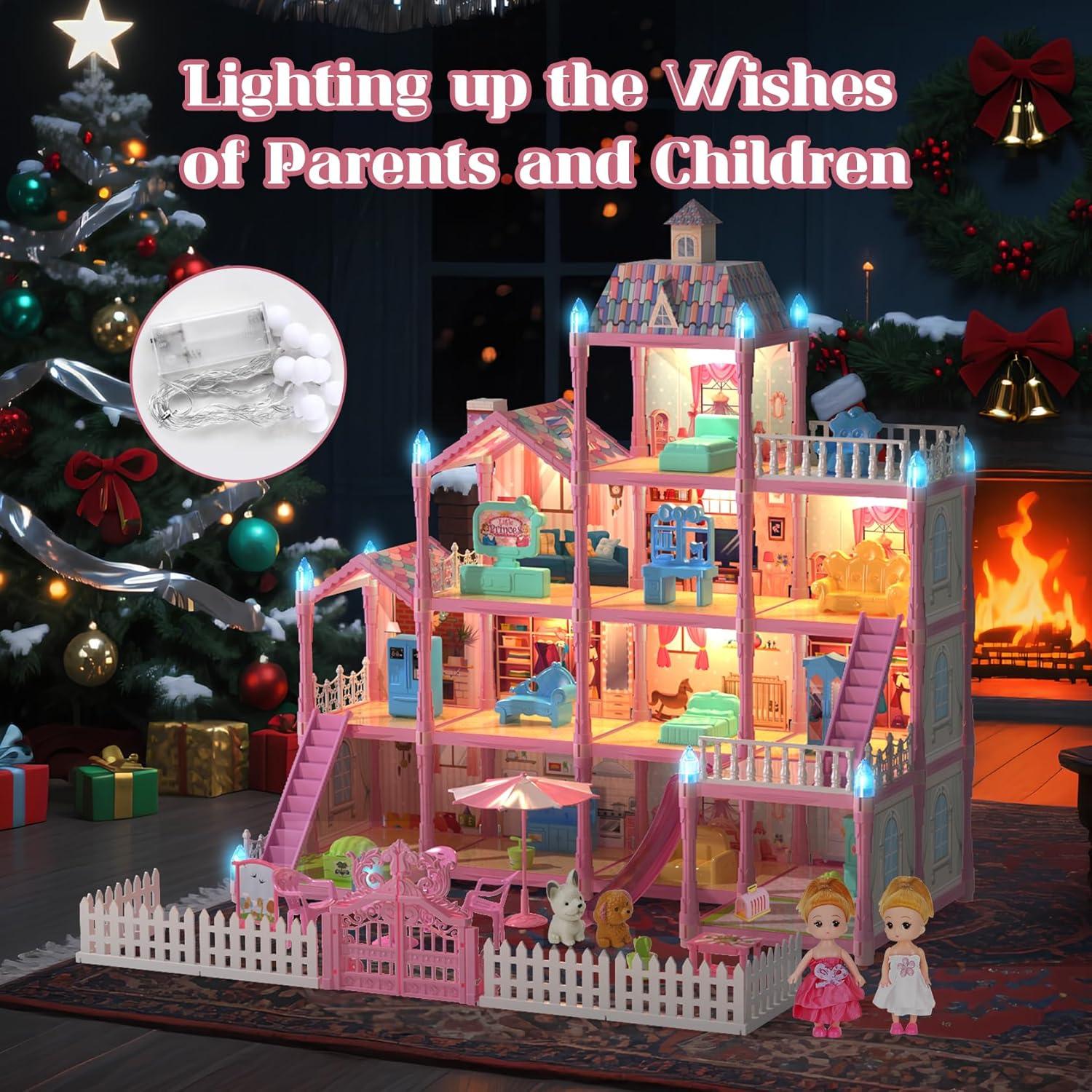 Casa de Muñecas Randhar Rosa 4 Pisos 13 Habitaciones con Luces