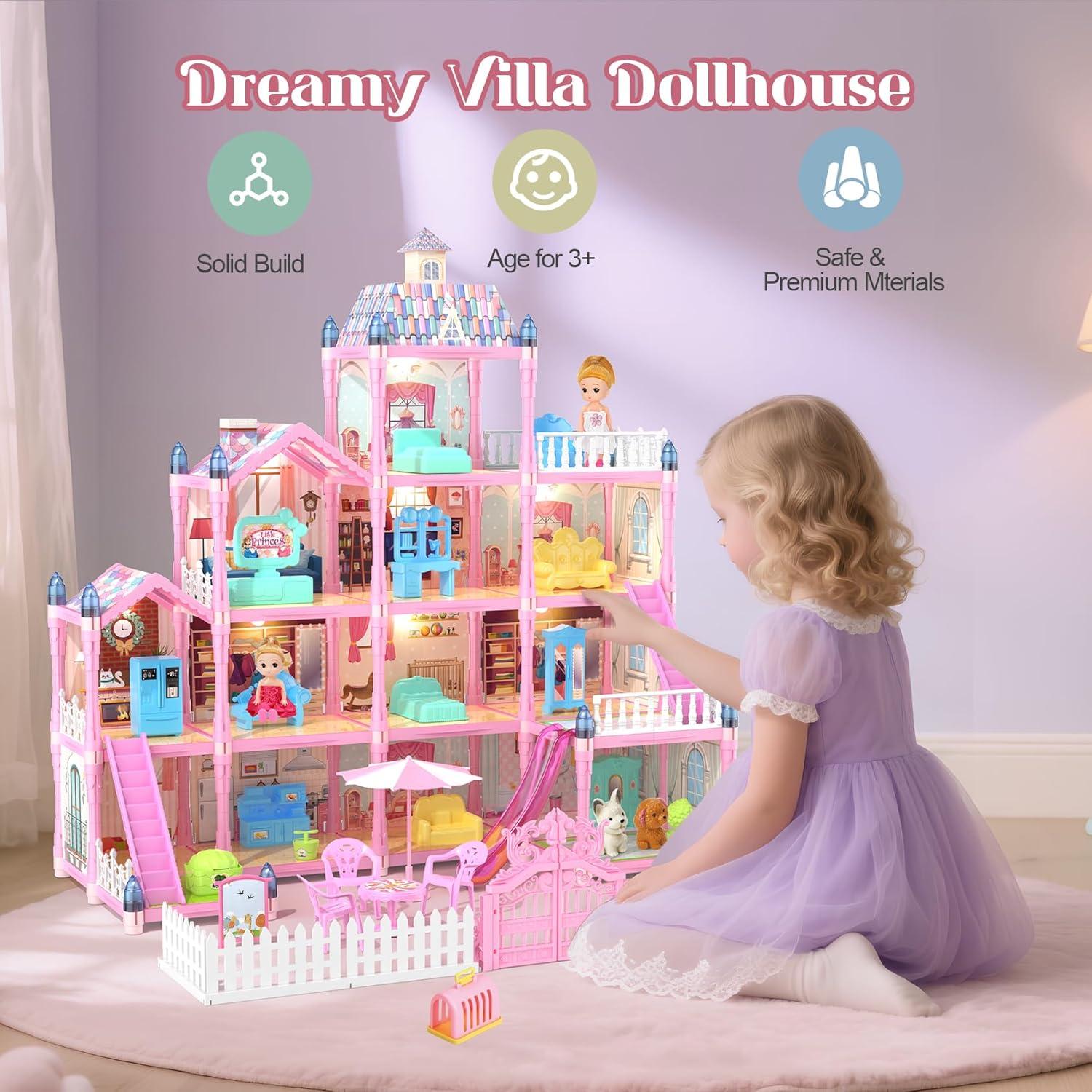 Casa de Muñecas Randhar Rosa 4 Pisos 13 Habitaciones con Luces