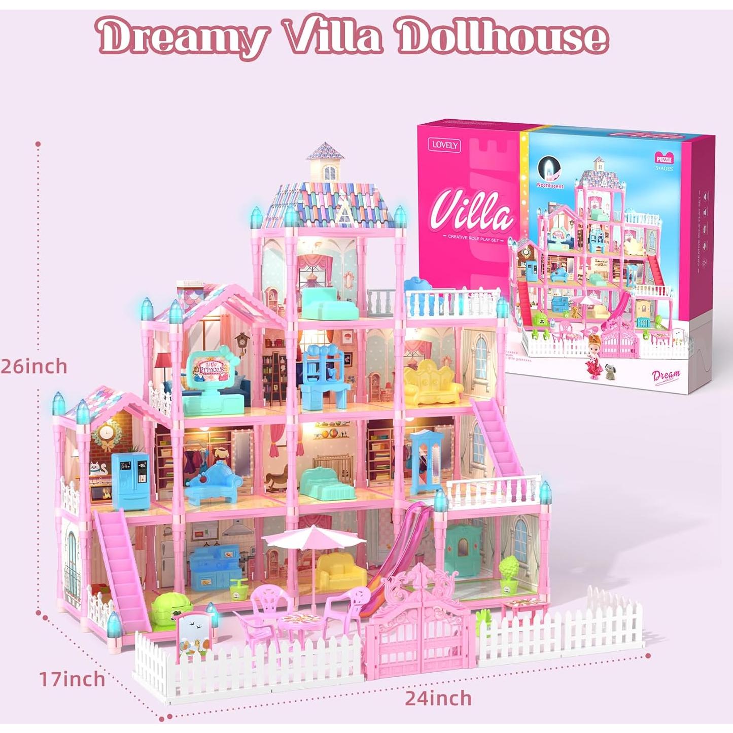 Casa de Muñecas Randhar Rosa 4 Pisos 13 Habitaciones con Luces