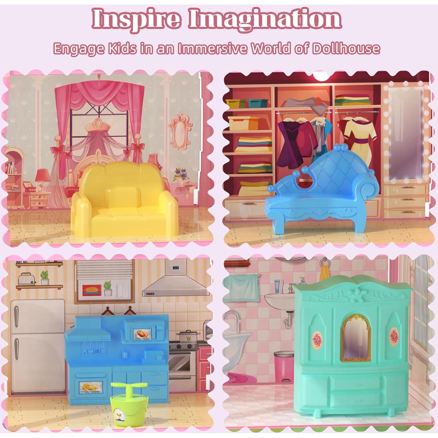 Casa de Muñecas Randhar Rosa 4 Pisos 13 Habitaciones con Luces