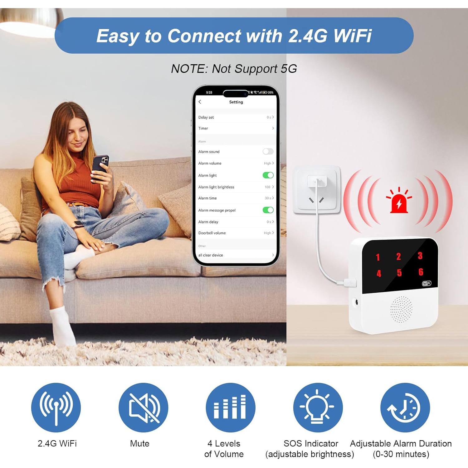 Sistema de Alerta de Vida WiFi SanJie con 2 Botones y Reloj