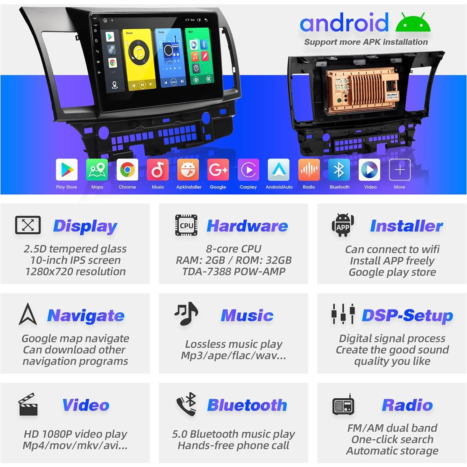 Radio Android 10" SizxNanv para Lancer 2008-2017 Bluetooth GPS