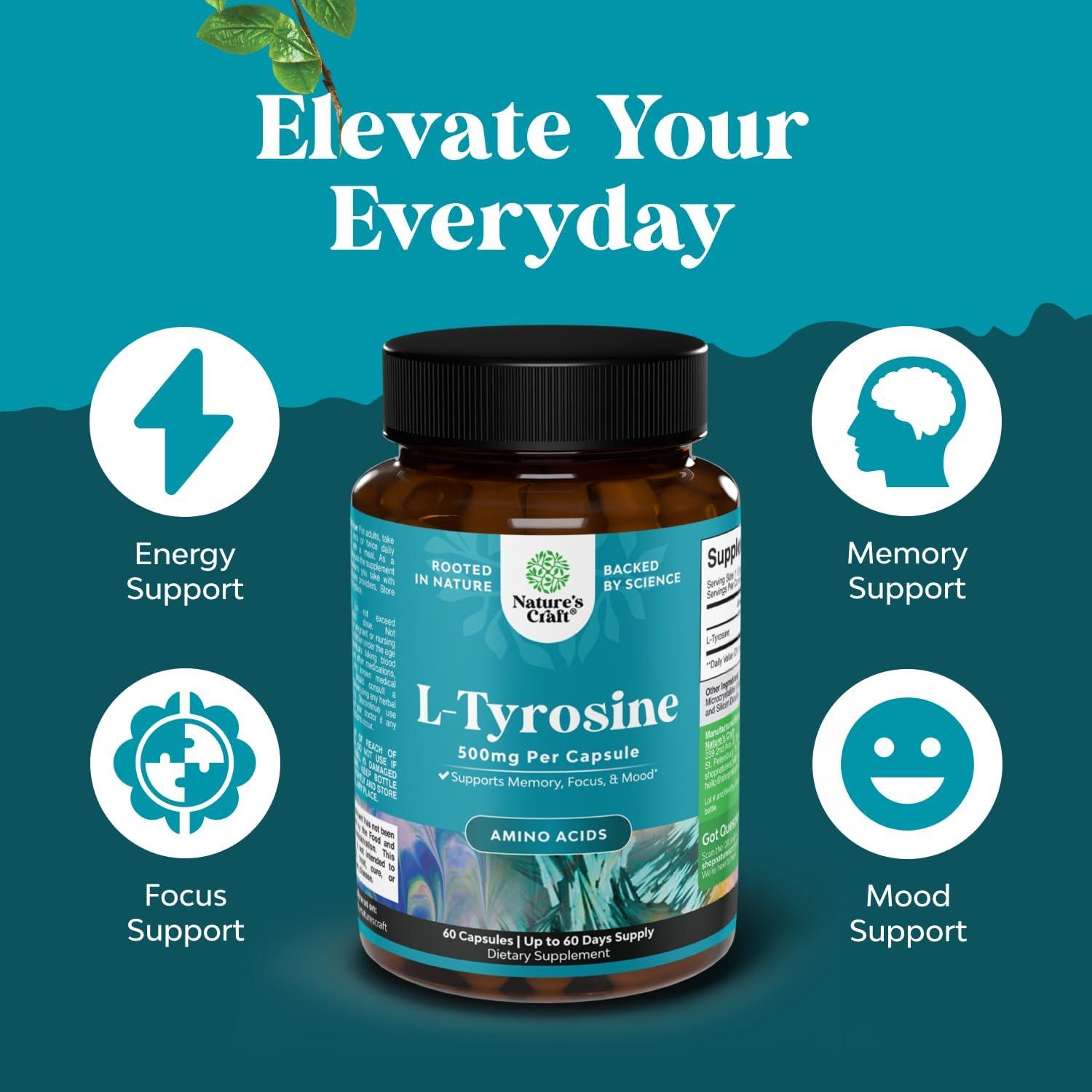 Cápsulas L-Tirosina 500mg Natures Craft - Suplemento Energía Mental 60 Unidades