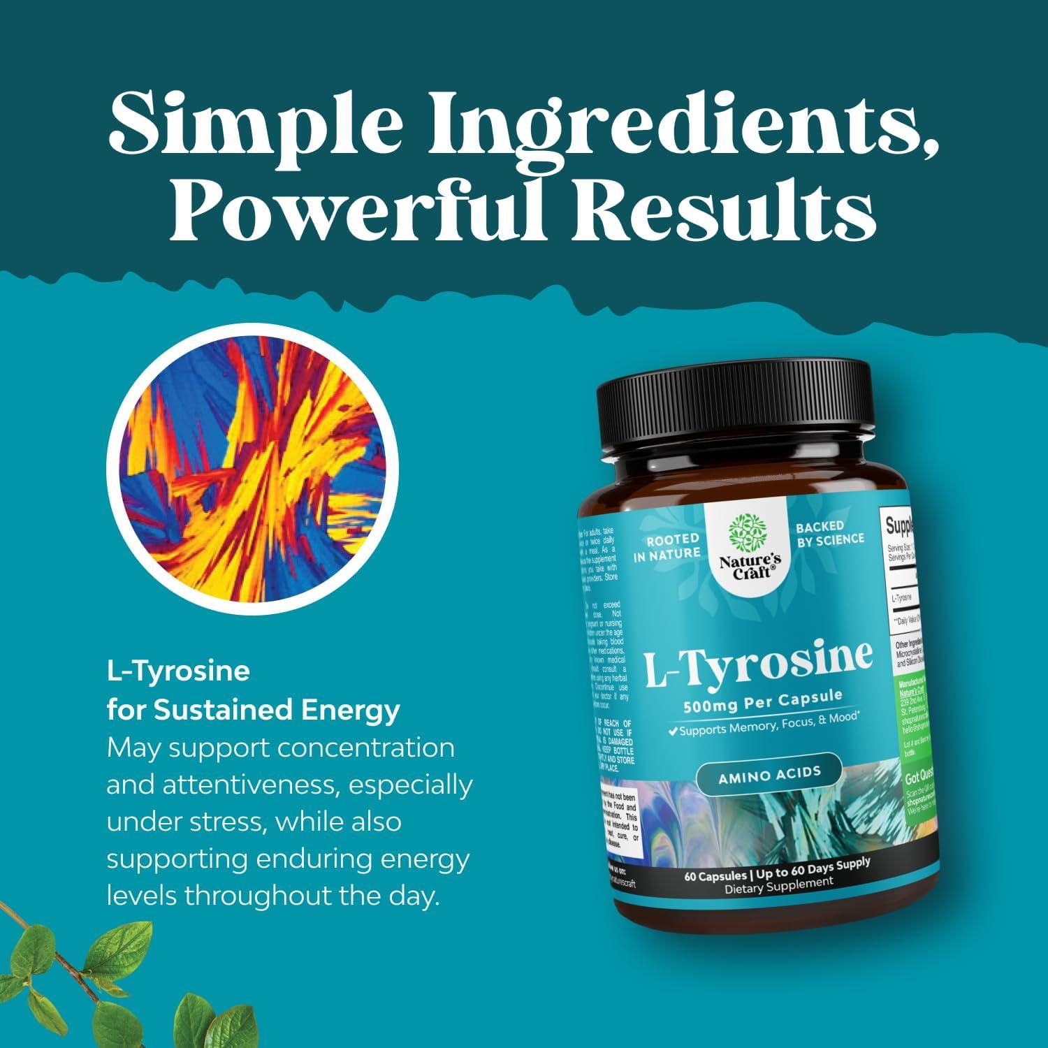 Cápsulas L-Tirosina 500mg Natures Craft - Suplemento Energía Mental 60 Unidades