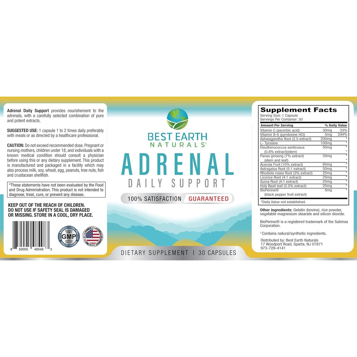 Suplemento Adrenal Mejores Naturales 30 Cápsulas - Albahaca Sagrada, Vitaminas B, Ashwagandha