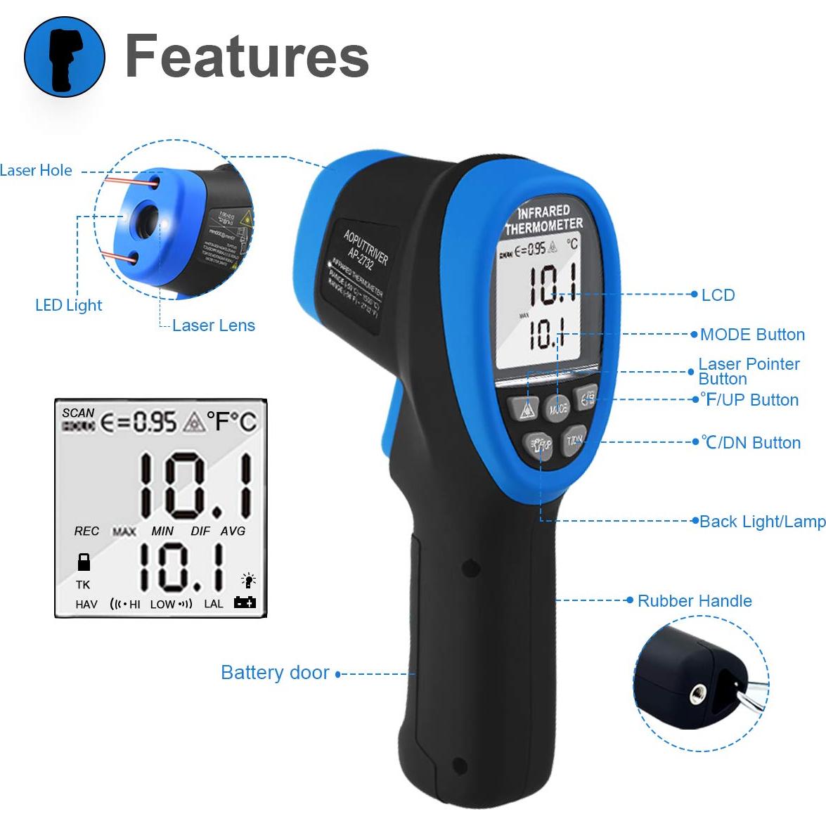 Termómetro Infrarrojo AOPUTTRIVER AP-2732 -50°C a 1500°C