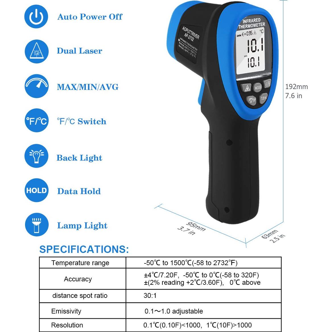 Termómetro Infrarrojo AOPUTTRIVER AP-2732 -50°C a 1500°C