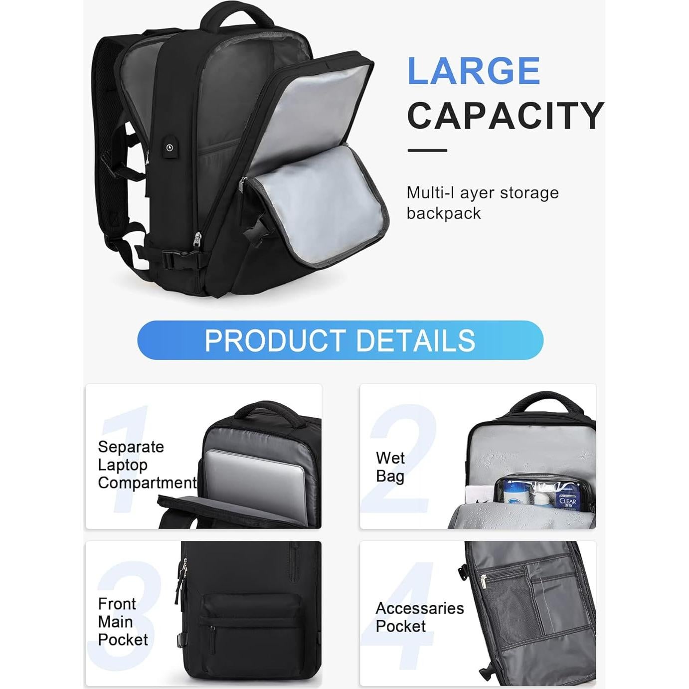 Mochila de Viaje VECAVE para Laptop 14" Impermeable Negra