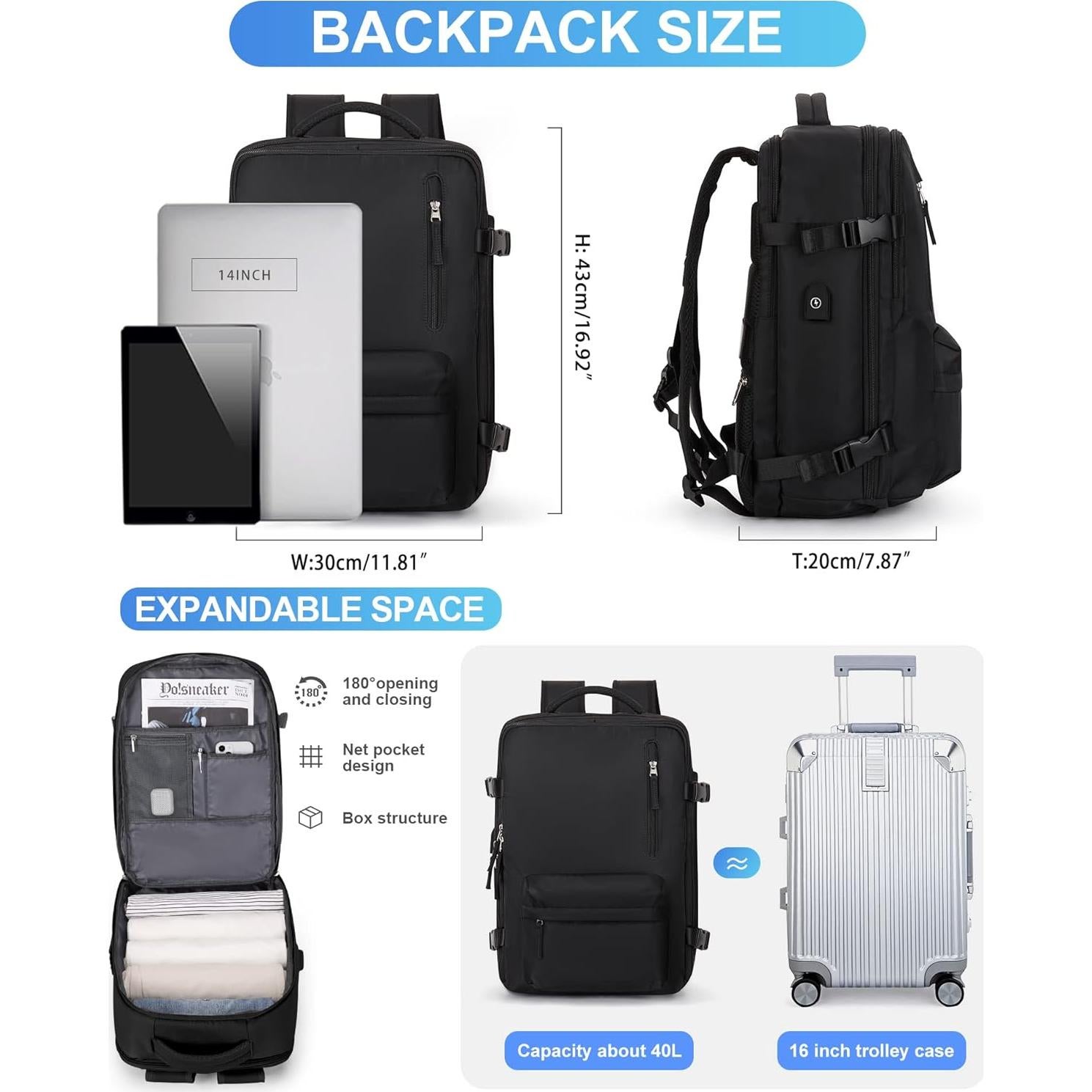 Mochila de Viaje VECAVE para Laptop 14" Impermeable Negra