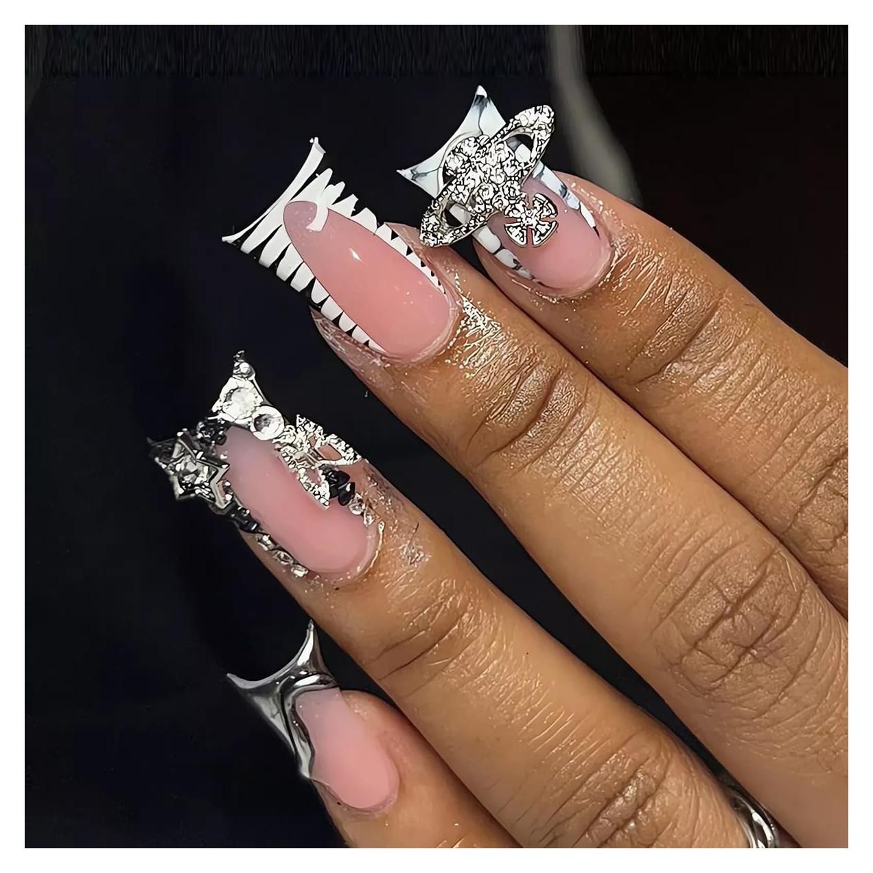 Uñas Postizas Acrílicas OHWODA 24 Pcs Diseño Rosa y Negro