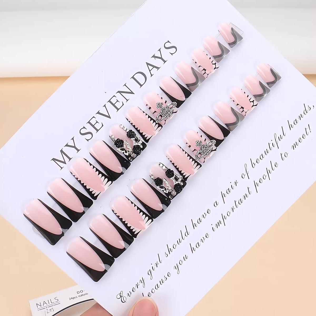 Uñas Postizas Acrílicas OHWODA 24 Pcs Diseño Rosa y Negro