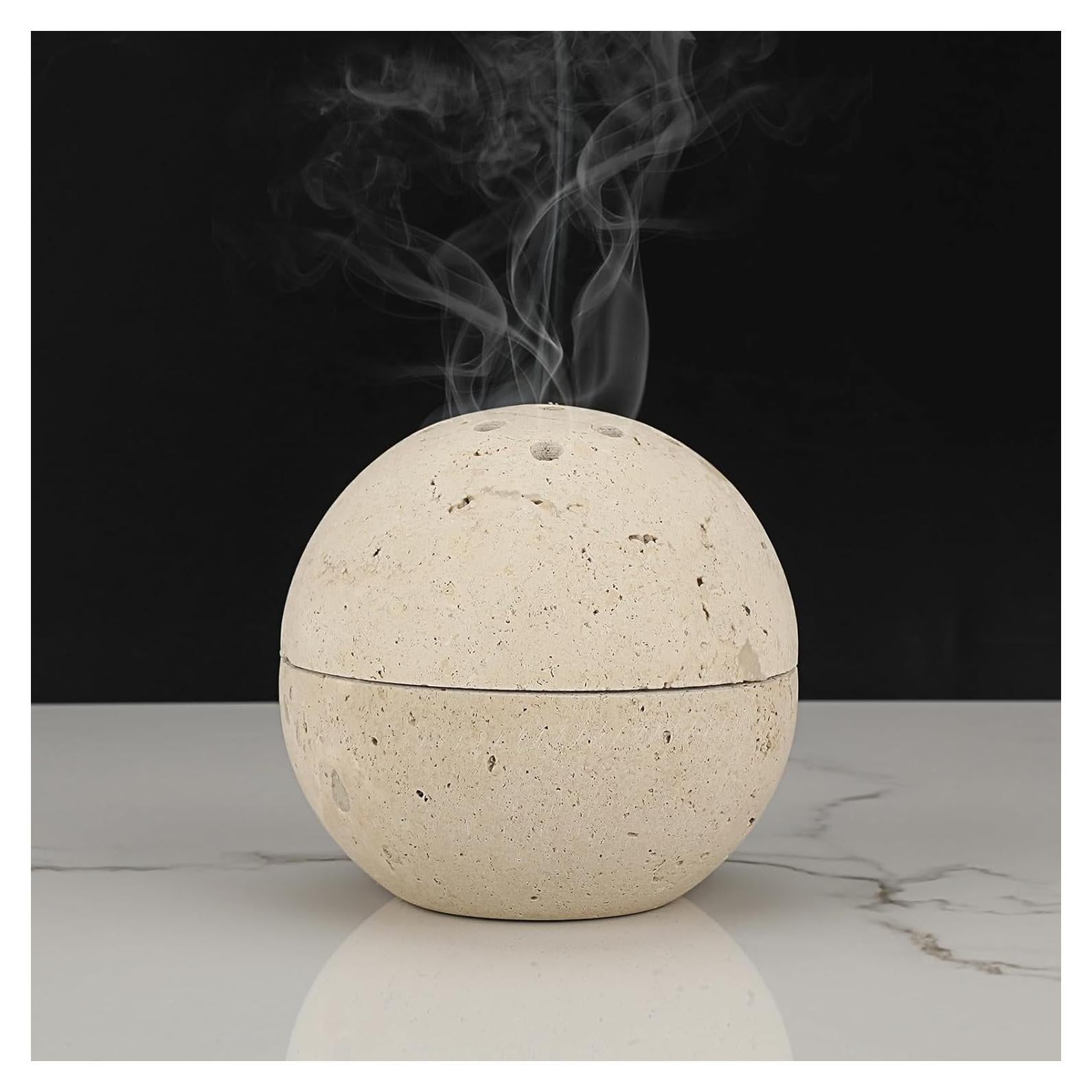 ELLDOO Natural Travertine Incense Cone Holder, Home Decor Handmade Ball Shape Incense Burner for Yoga Meditation SPA Reading, Beige