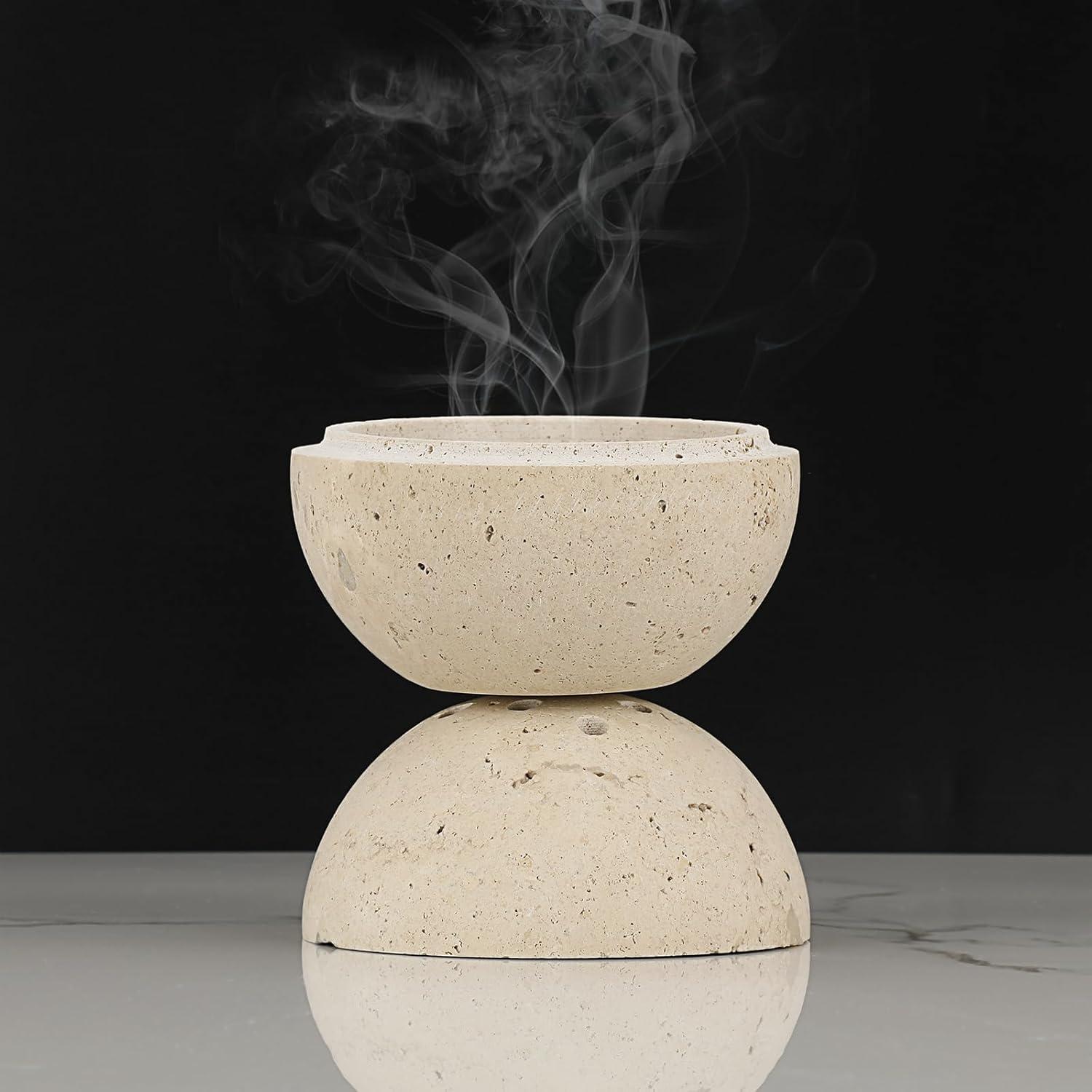 ELLDOO Natural Travertine Incense Cone Holder, Home Decor Handmade Ball Shape Incense Burner for Yoga Meditation SPA Reading, Beige