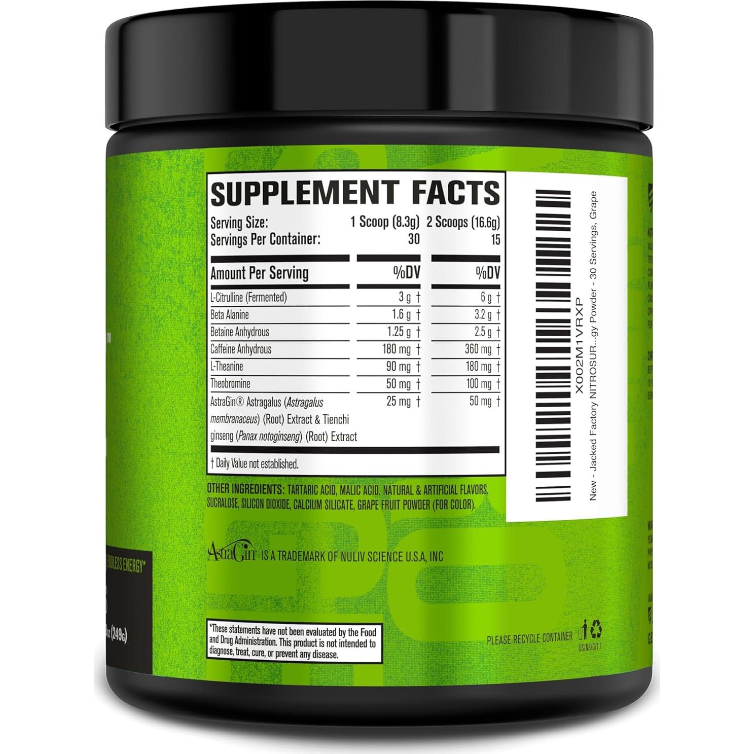 Suplemento Pre Entrenamiento Jacked Factory Nitrosurge Uva - 30 Porciones