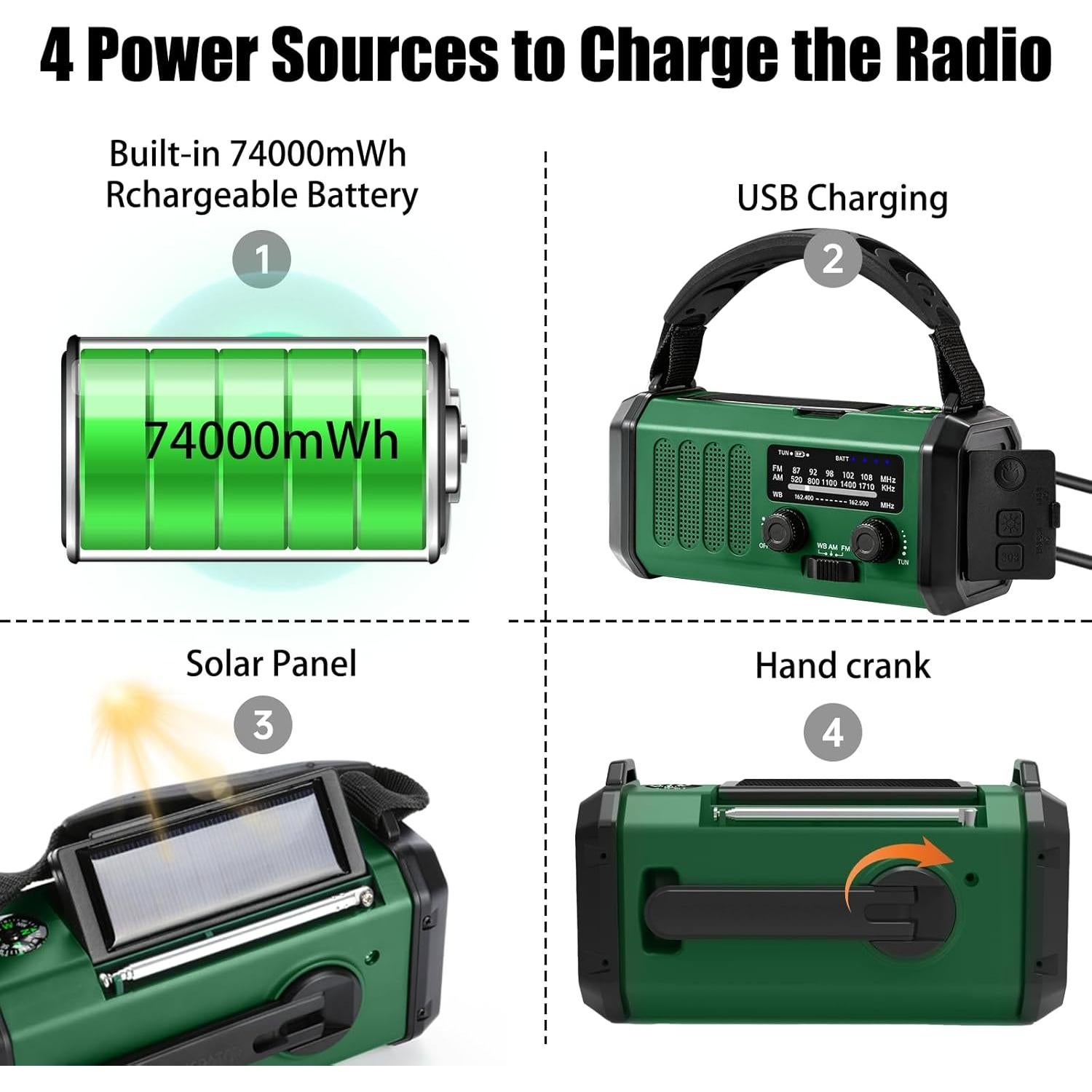 Radio de Emergencia QAUYYW 20000mAh Solar y Manivela