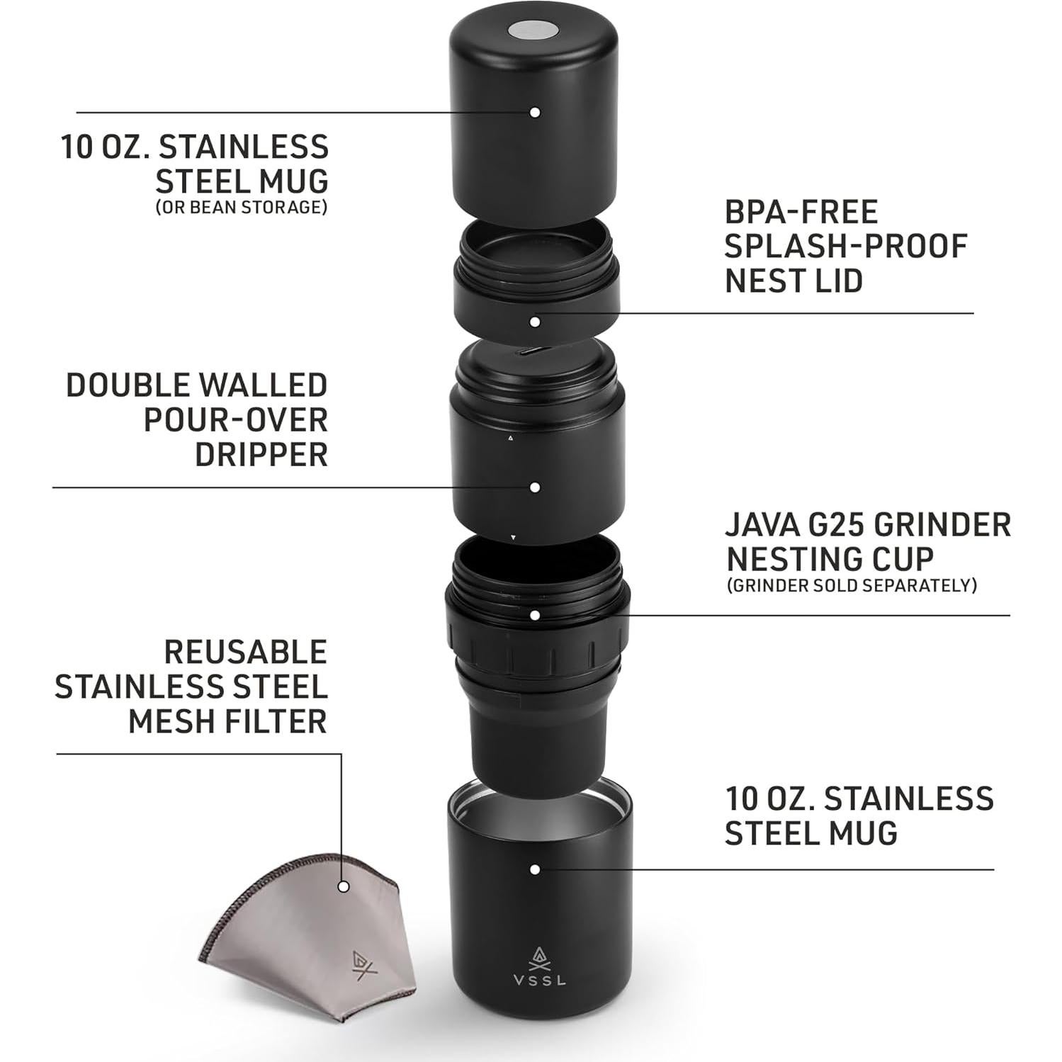 Kit de Café Pour Over VSSL Negro | 2 Tazas Acero Inoxidable 10oz
