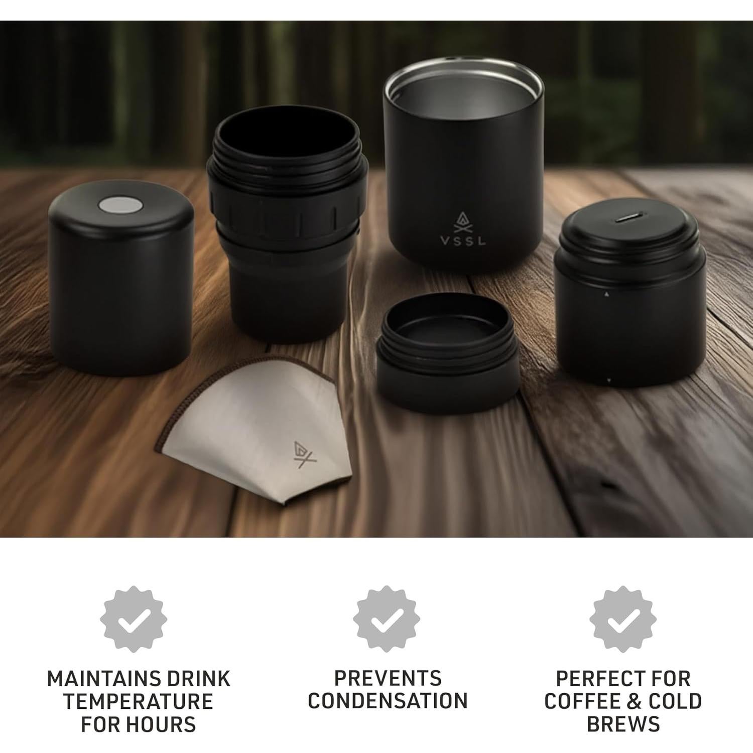Kit de Café Pour Over VSSL Negro | 2 Tazas Acero Inoxidable 10oz