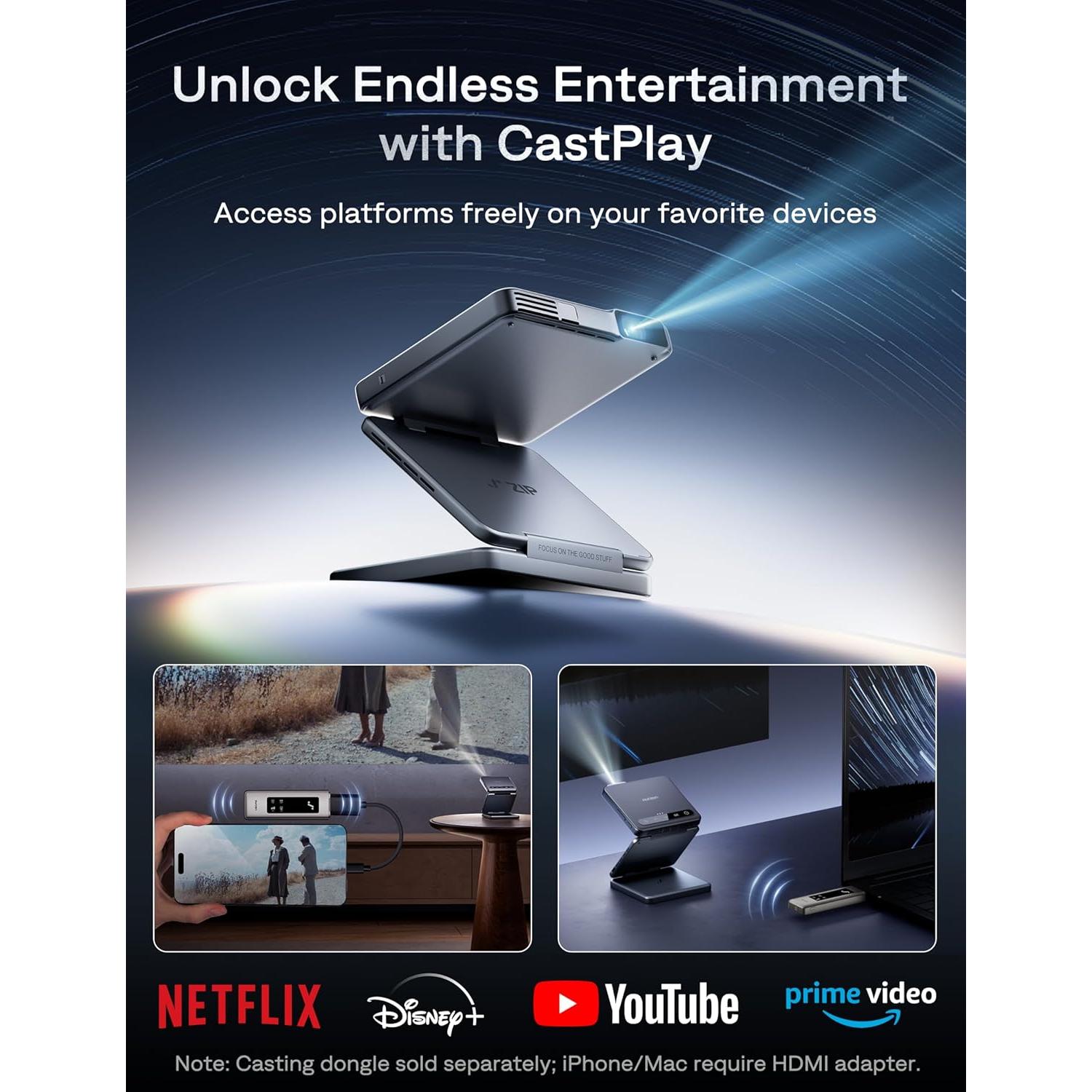 Proyector Mini Aurzen ZIP Tri-Fold Bluetooth 5.4 720p Gris