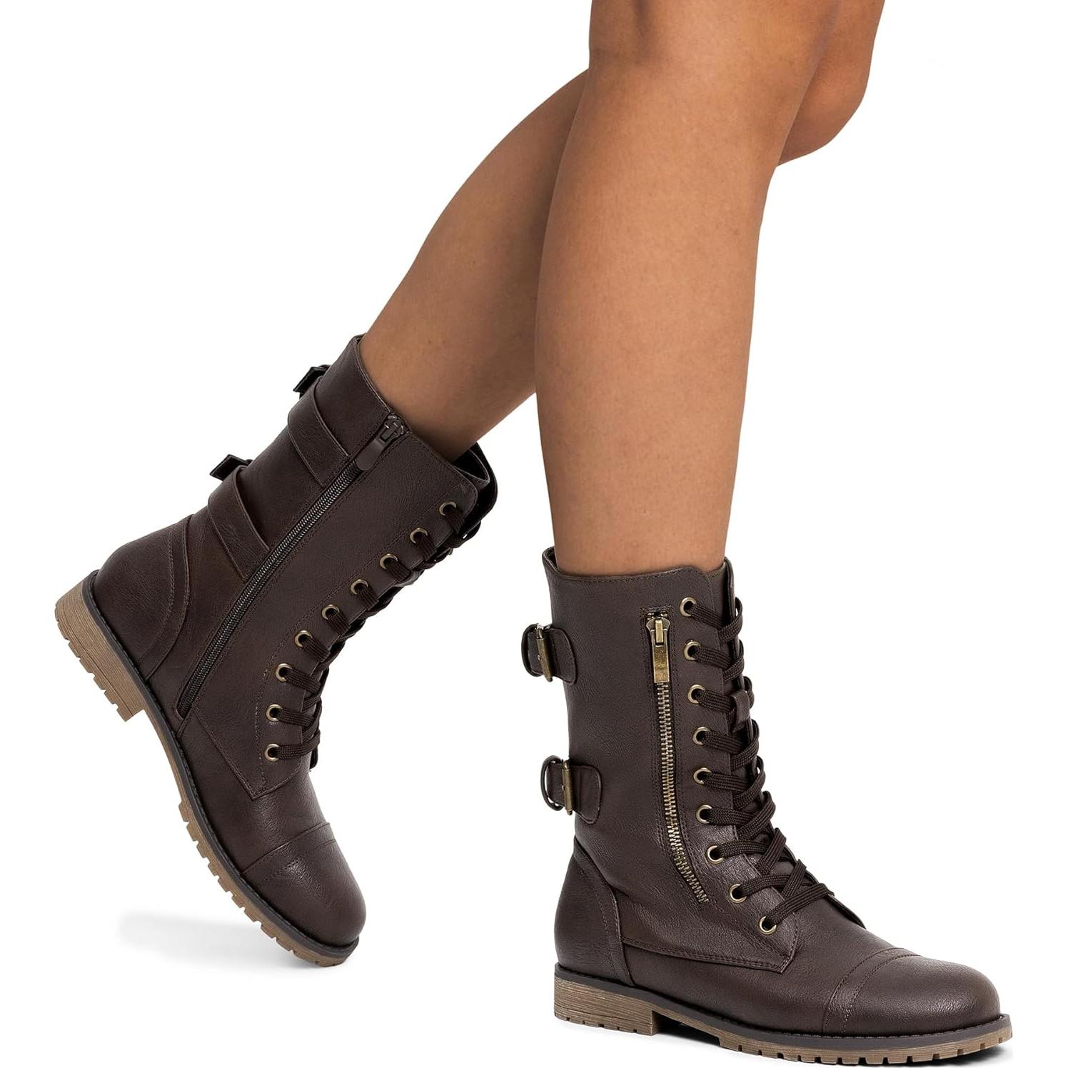 Botas de Combate para Mujeres Dream Pairs - Media Pantorrilla, Marrón