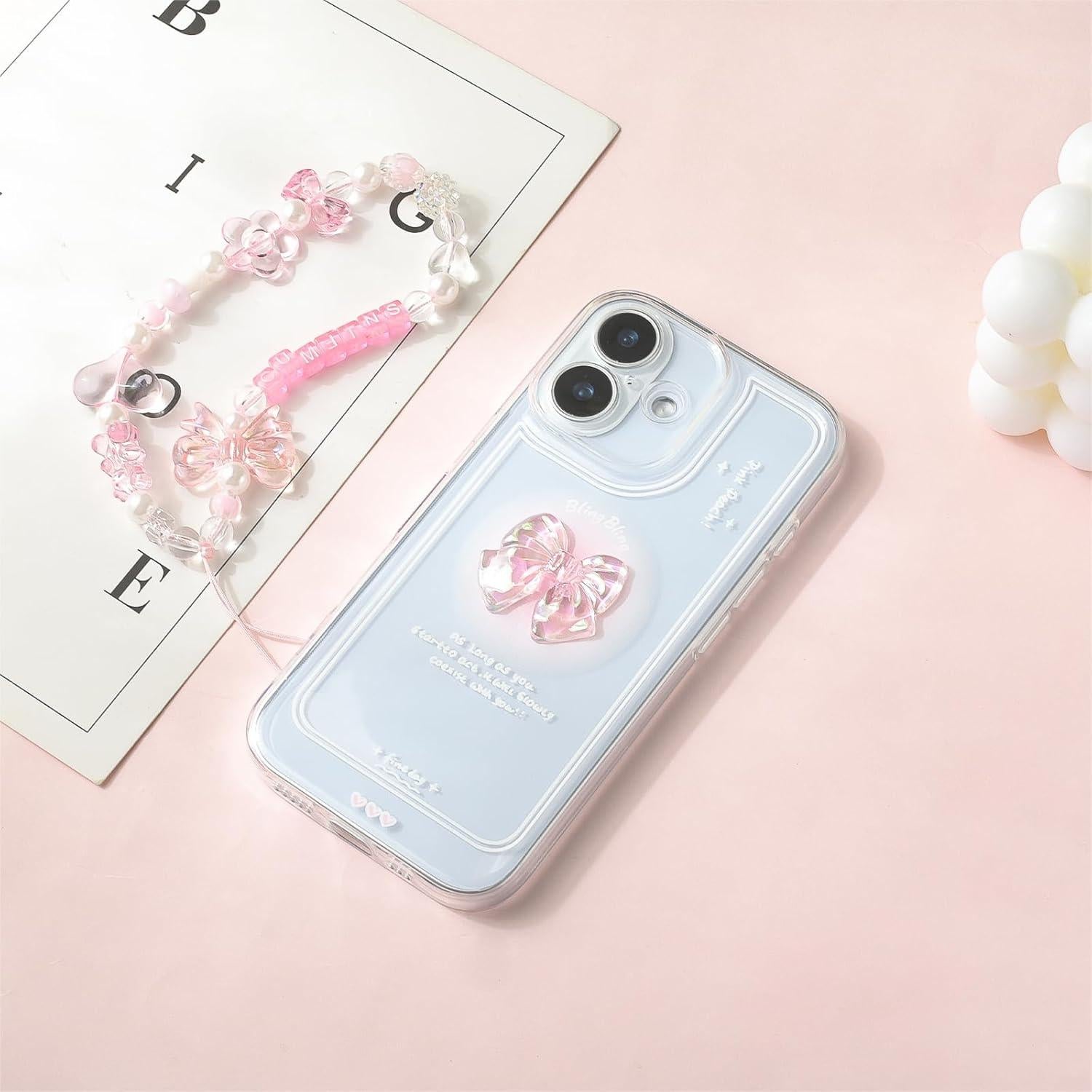 Funda para iPhone 17 IneWateri Rosa con Lazo 3D y Cadena