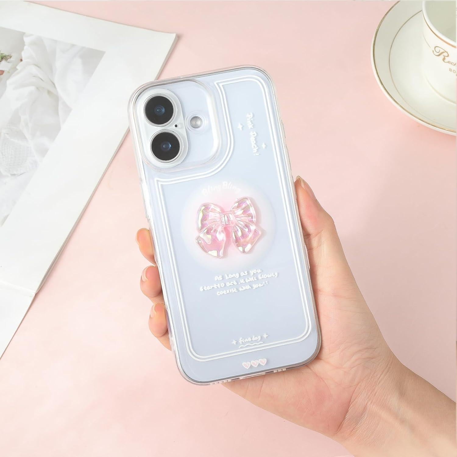 Funda para iPhone 17 IneWateri Rosa con Lazo 3D y Cadena