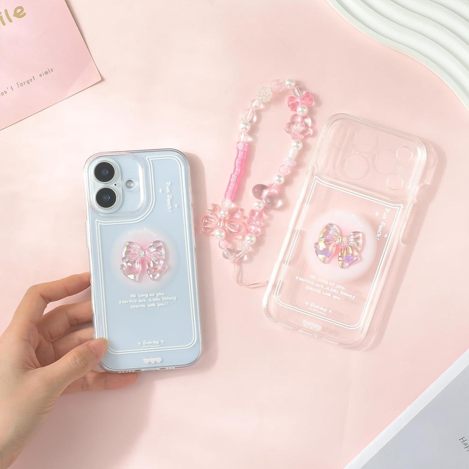 Funda para iPhone 17 IneWateri Rosa con Lazo 3D y Cadena