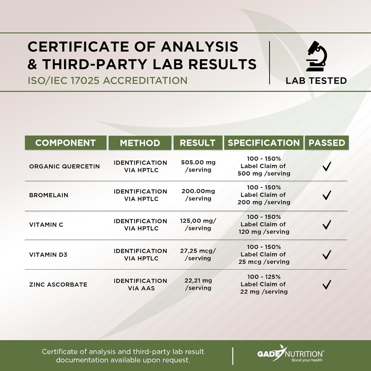 Gade Nutrition Quercetina Orgánica 500mg con Bromelina y Zinc