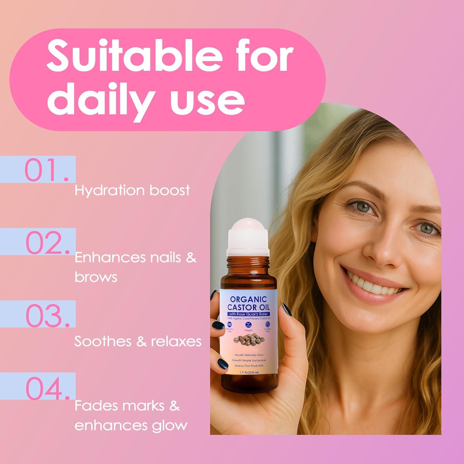 Aceite de Ricino Orgánico Roll-On 50 ml con Cuarzo Rosa