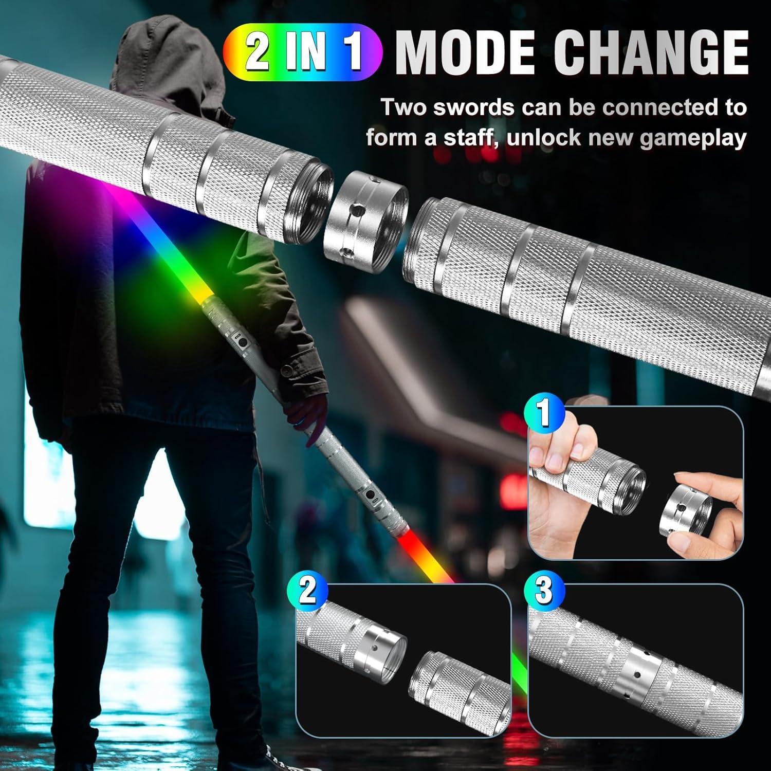 Sable Iluminado JOINBO de Metal Plateado 62 cm RGB Recargable