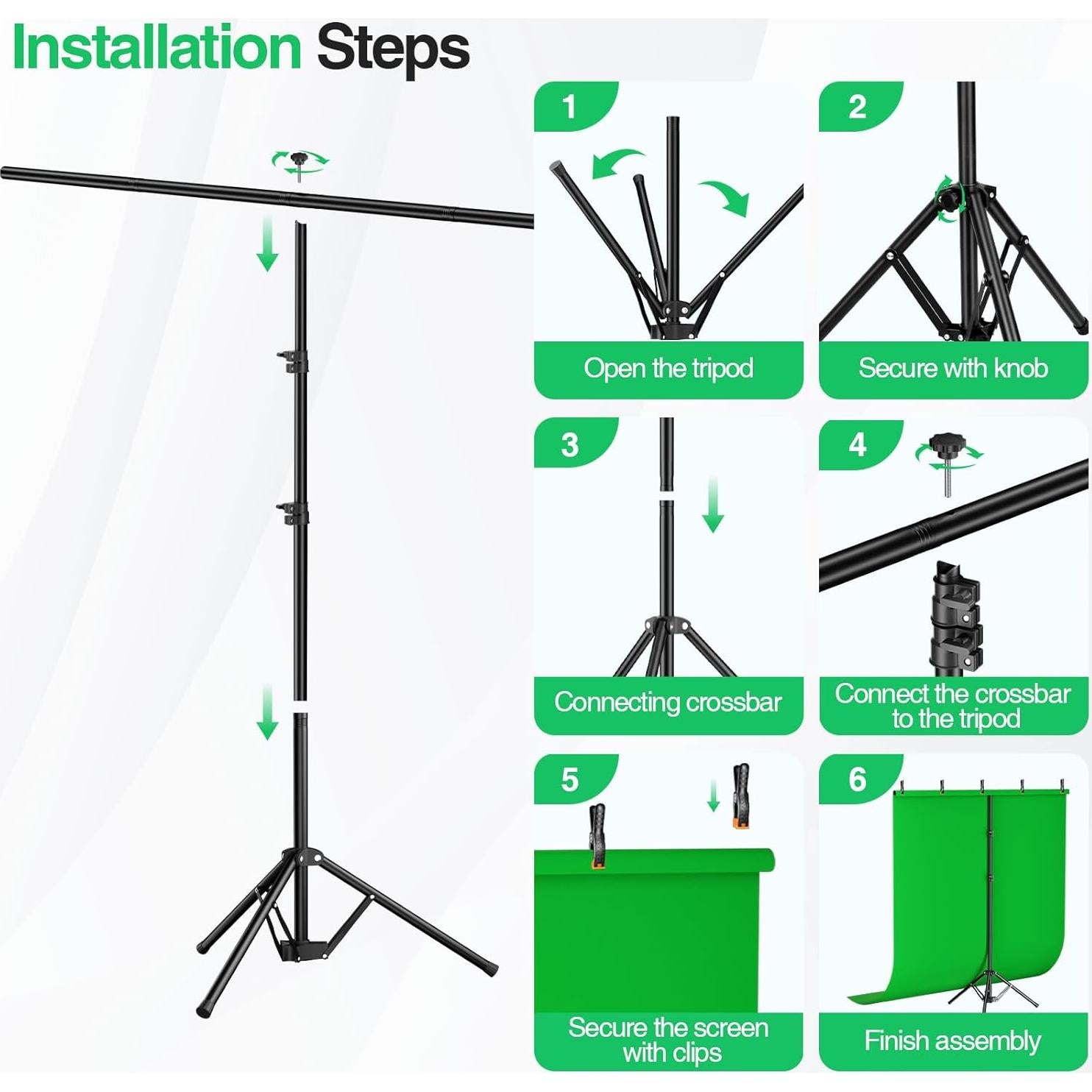 Kit de Fondo Verde Portátil Qoolfoto 1.52x2.13m con Soporte Ajustable