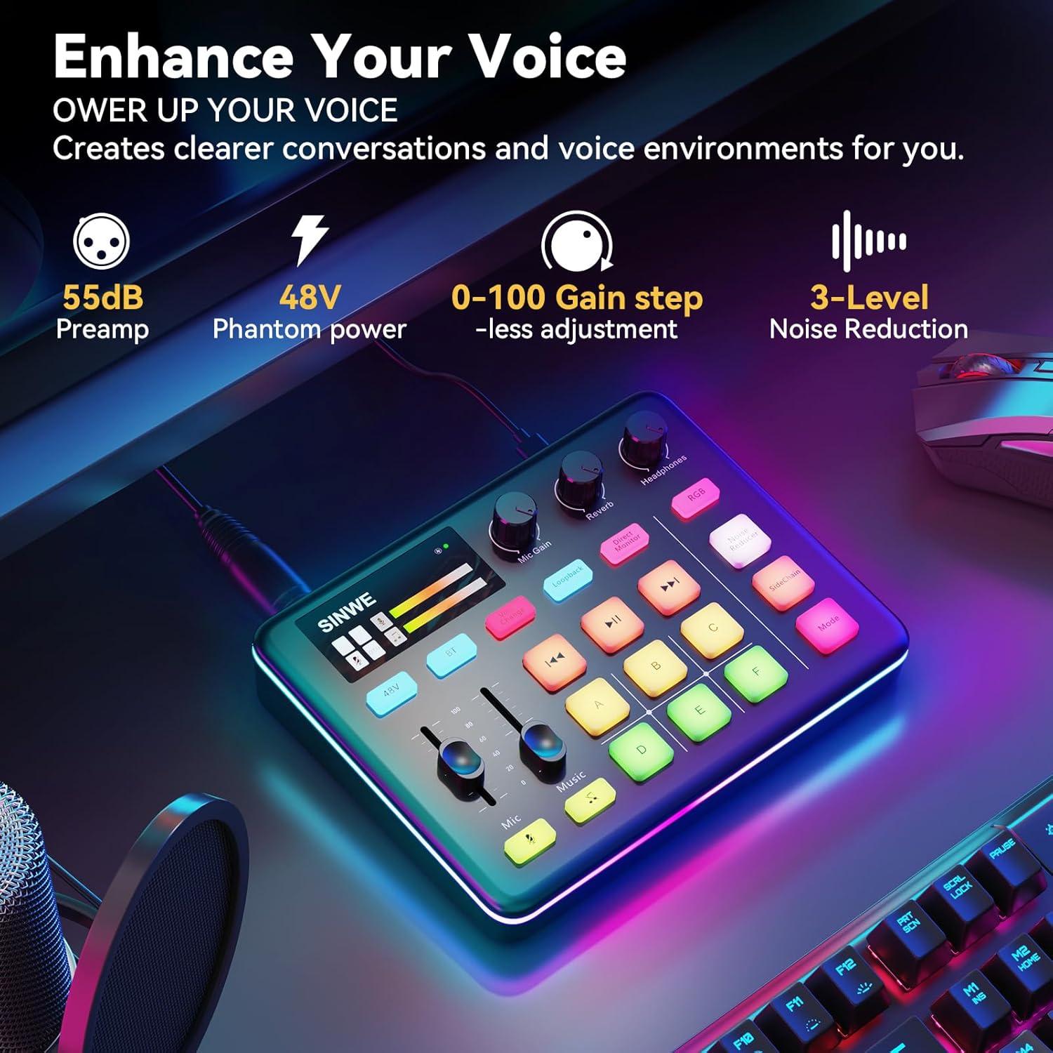 Mezclador de Audio Gaming SINWE G1 con RGB y Preamp 48V